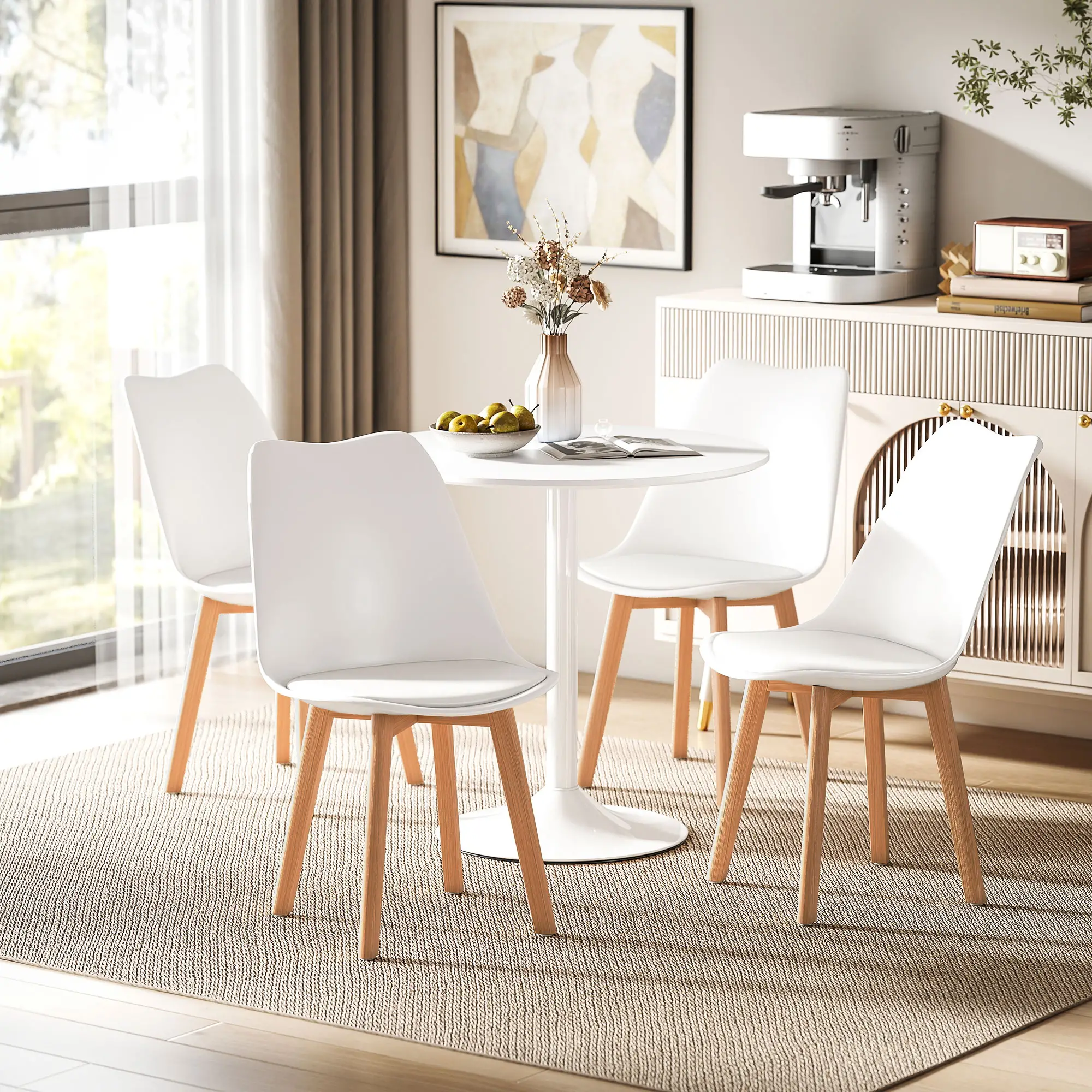 Round Dining Table Set for 4, Pedestal Base, PU Padded Seats, White - Image 2