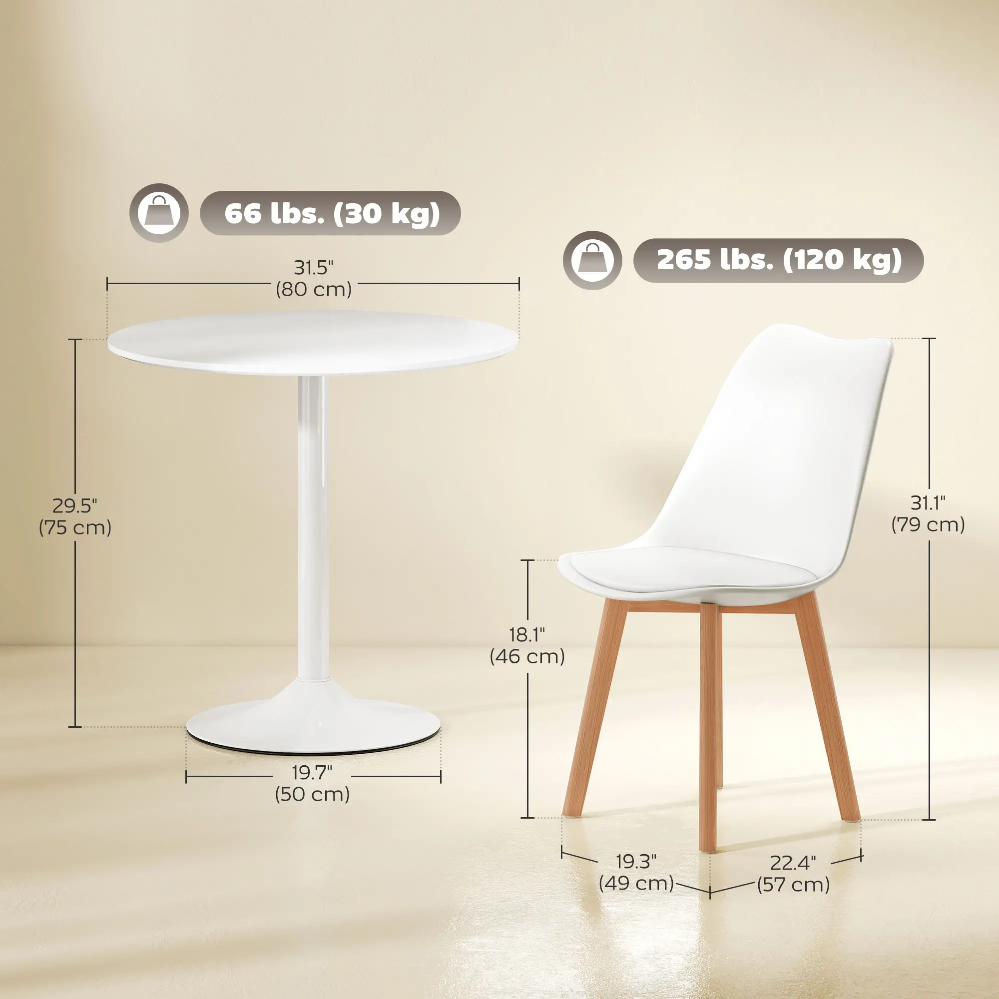 Round Dining Table Set for 4, Pedestal Base, PU Padded Seats, White - Image 3