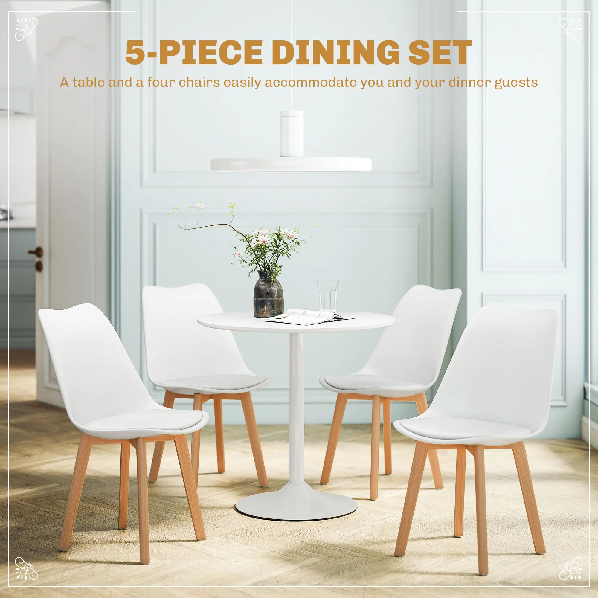 Round Dining Table Set for 4, Pedestal Base, PU Padded Seats, White - Image 4