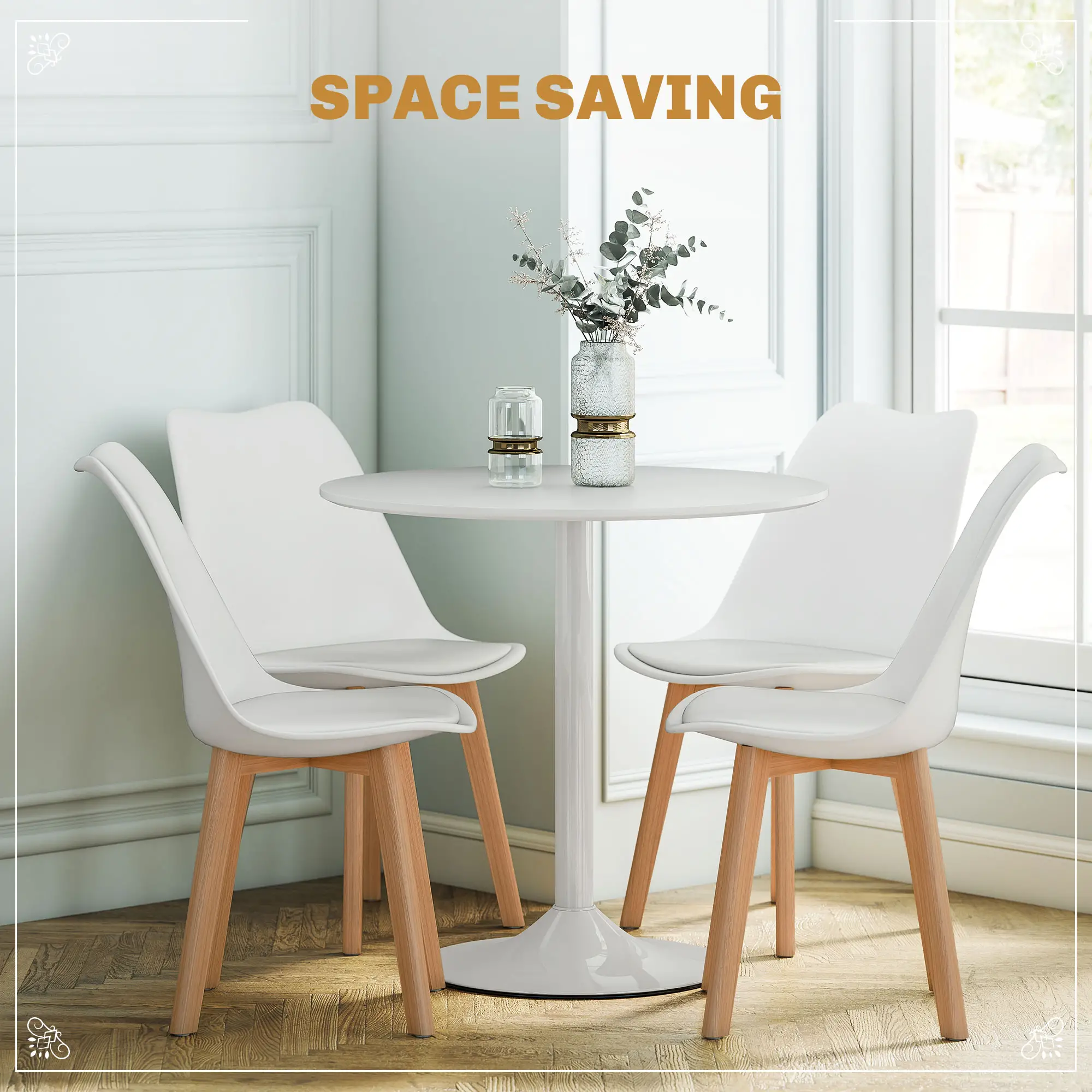 Round Dining Table Set for 4, Pedestal Base, PU Padded Seats, White - Image 5