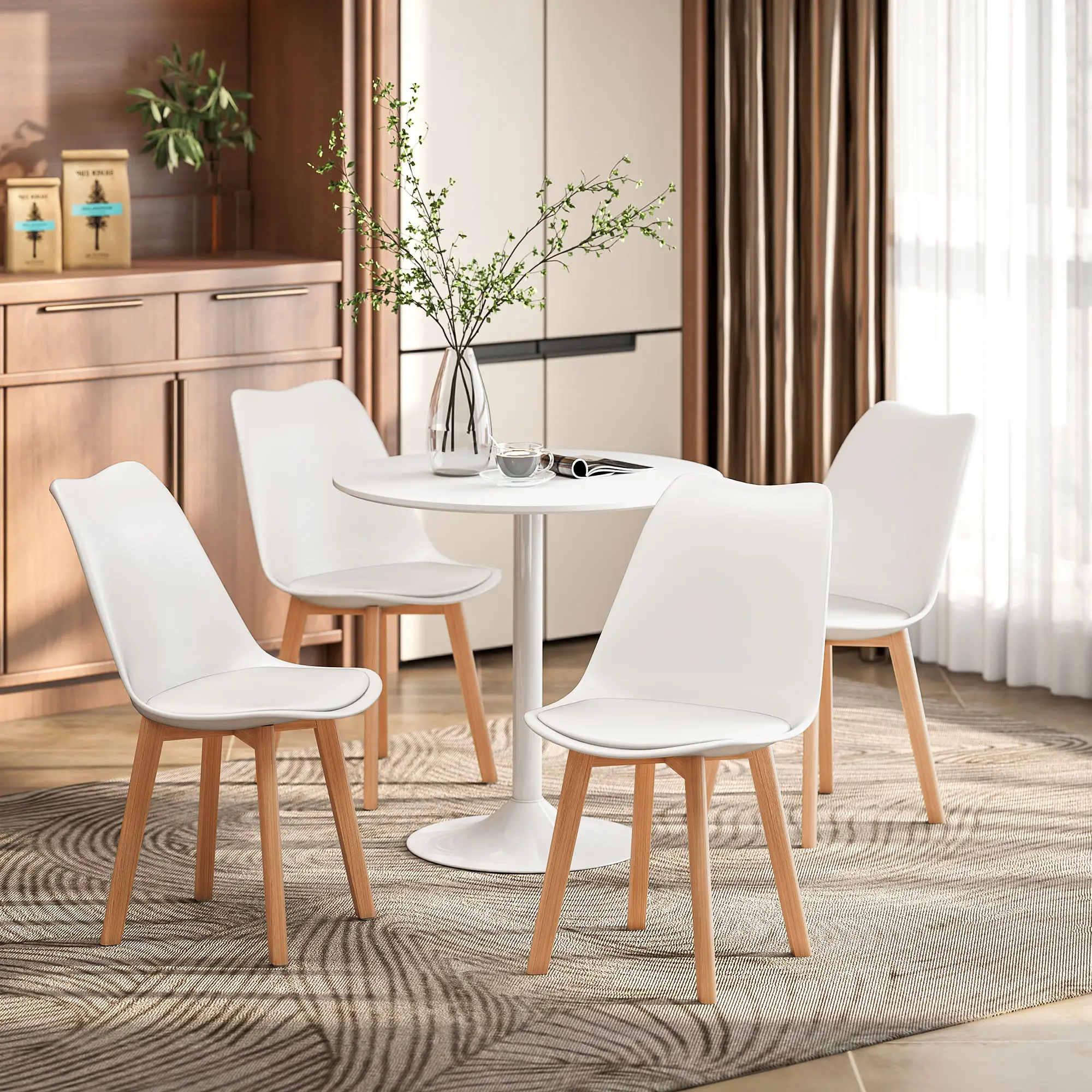 Round Dining Table Set for 4, Pedestal Base, PU Padded Seats, White - Image 8
