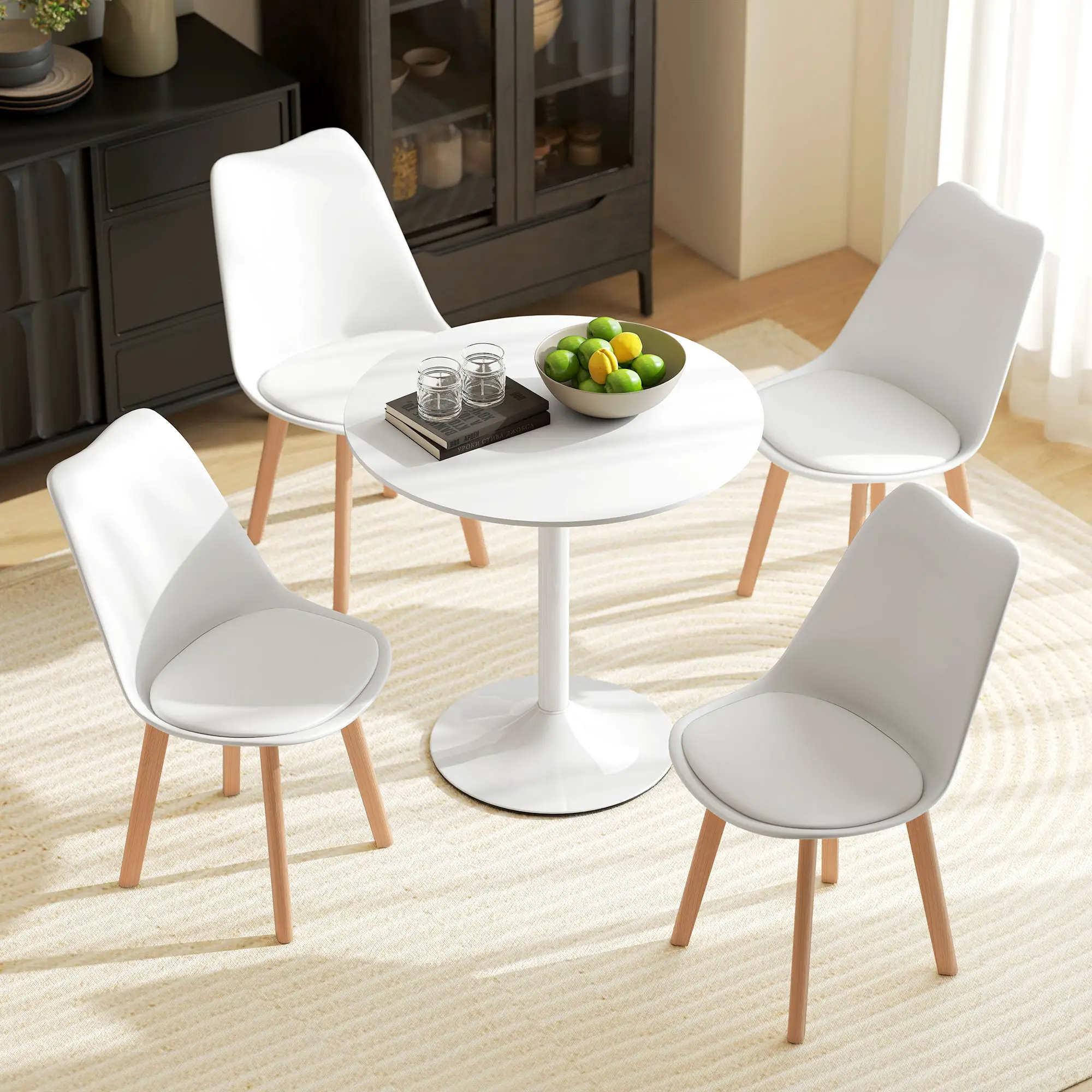Round Dining Table Set for 4, Pedestal Base, PU Padded Seats, White - Image 9