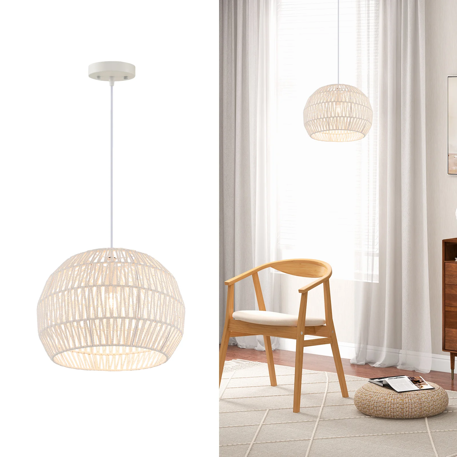 Round Farmhouse Rattan Pendant Light, Adjustable Hanging Rope, Beige - Image 5