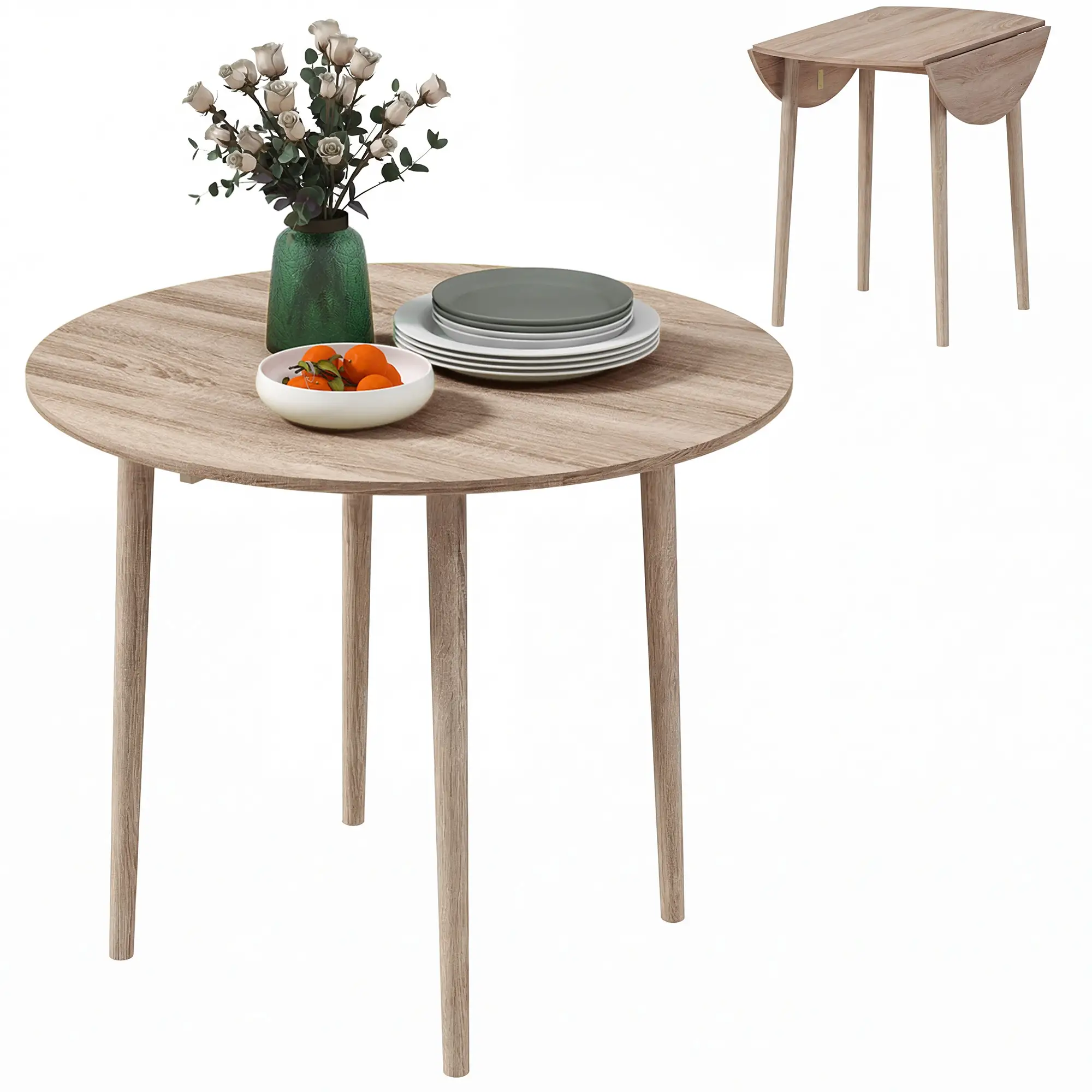 Round Folding Dining Table, Drop Leaf Kitchen Table, Wood Legs, Oak - Image 13