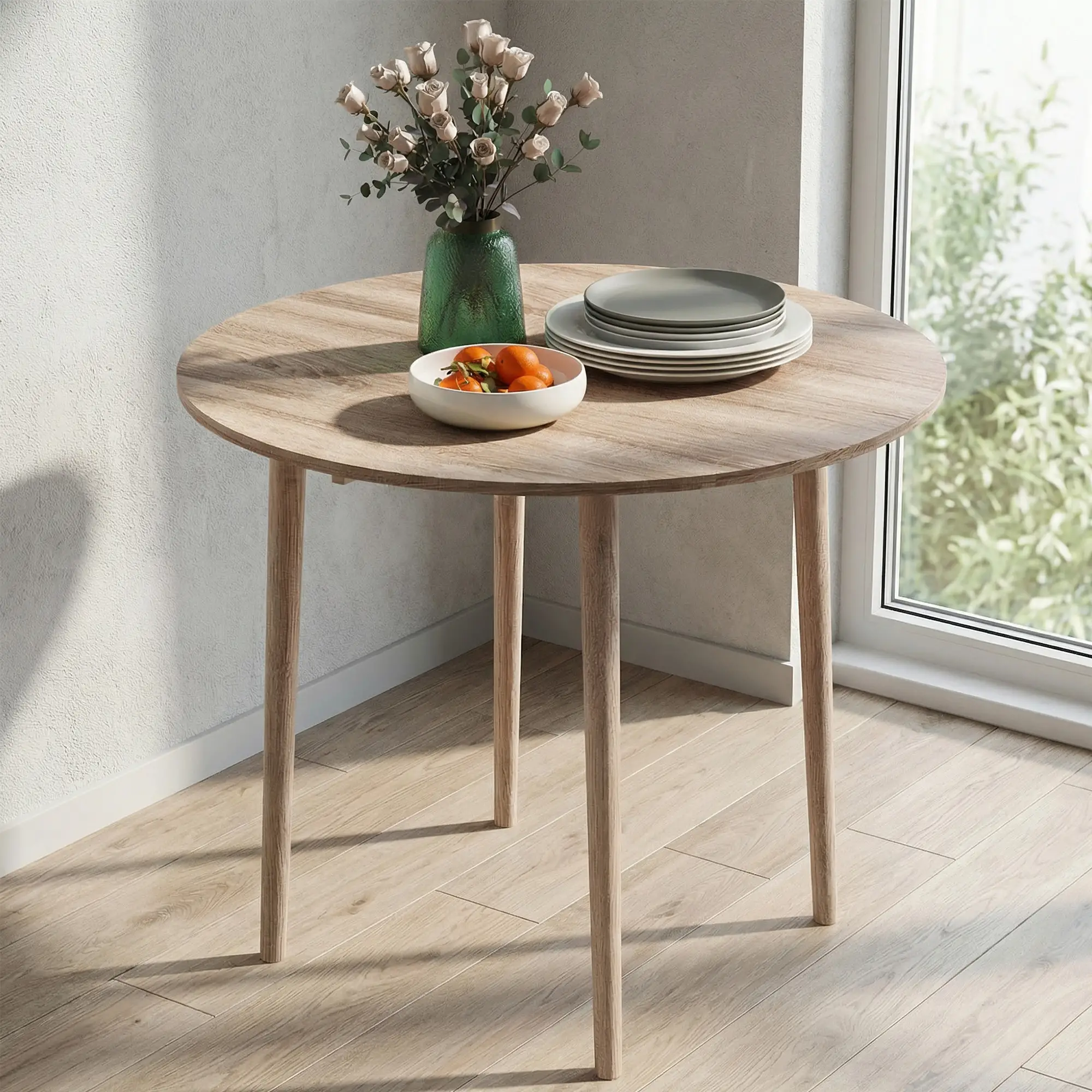 Round Folding Dining Table, Drop Leaf Kitchen Table, Wood Legs, Oak - Image 2