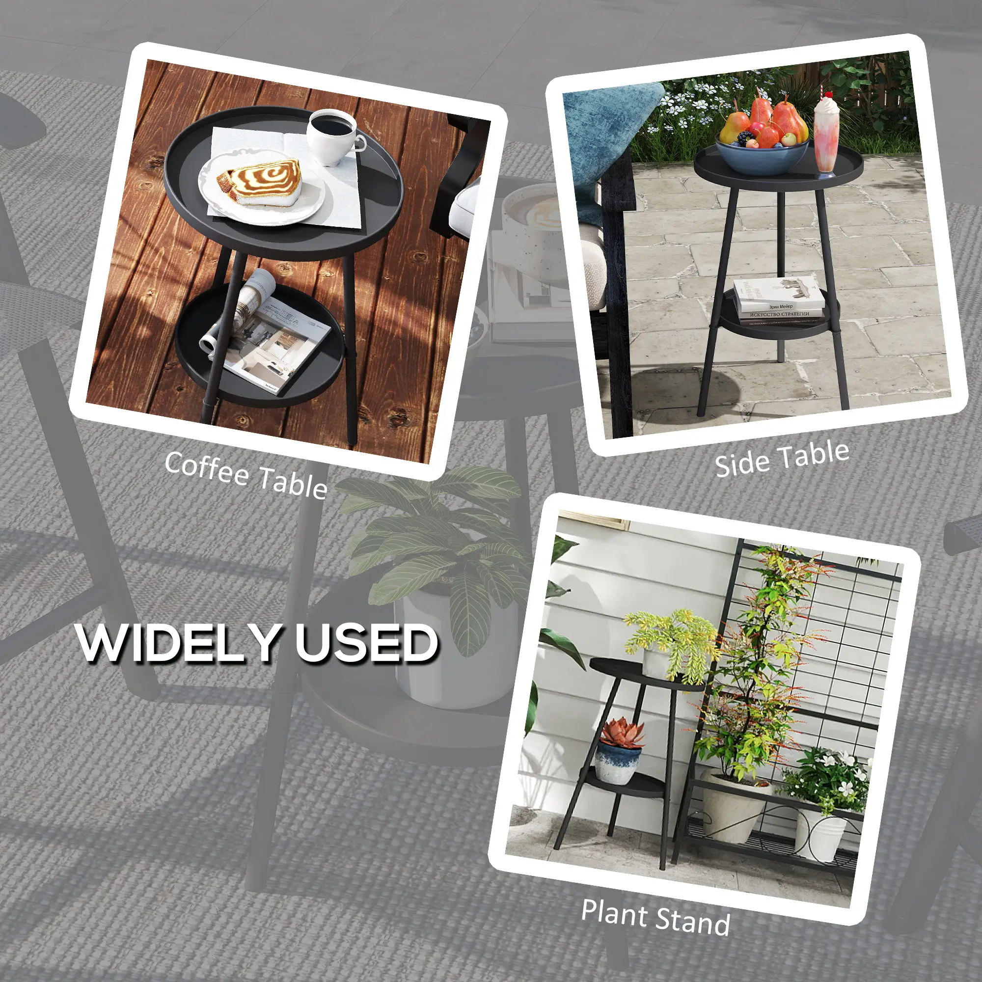 Round Garden Table, 2-Tier Small Side Table, Metal Patio Table, Black - Image 6