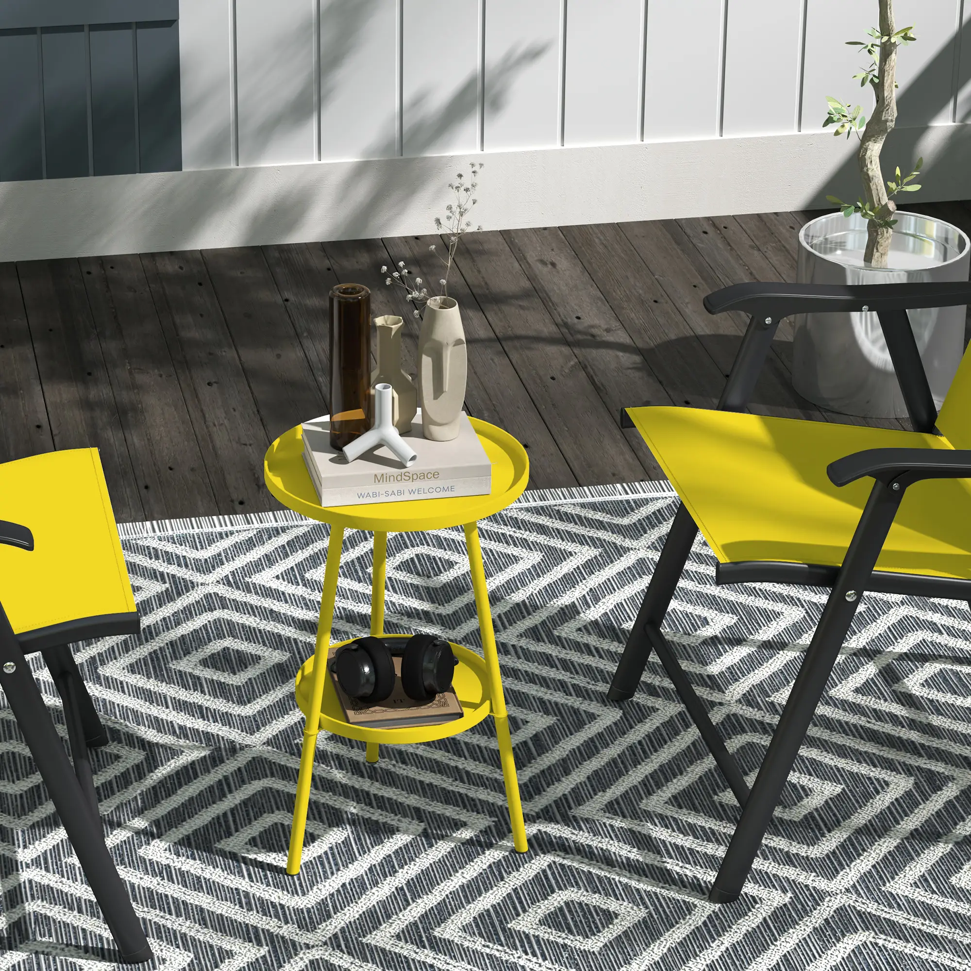 Round Garden Table, 2-Tier Small Side Table, Metal Patio Table, Yellow - Image 8