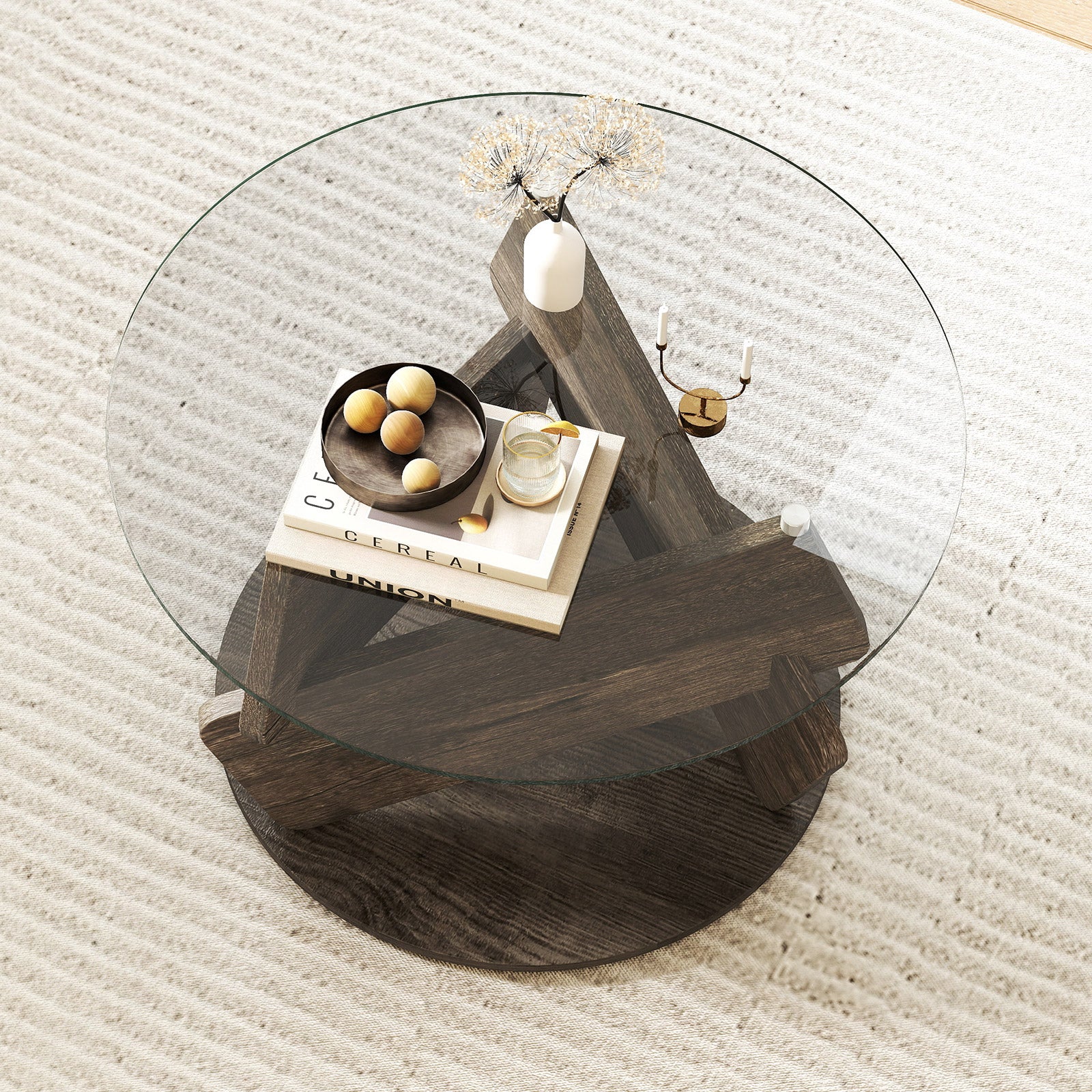 Round Glass Coffee Table, 32 Inch, Tempered Glass Top, Gray - Image 3