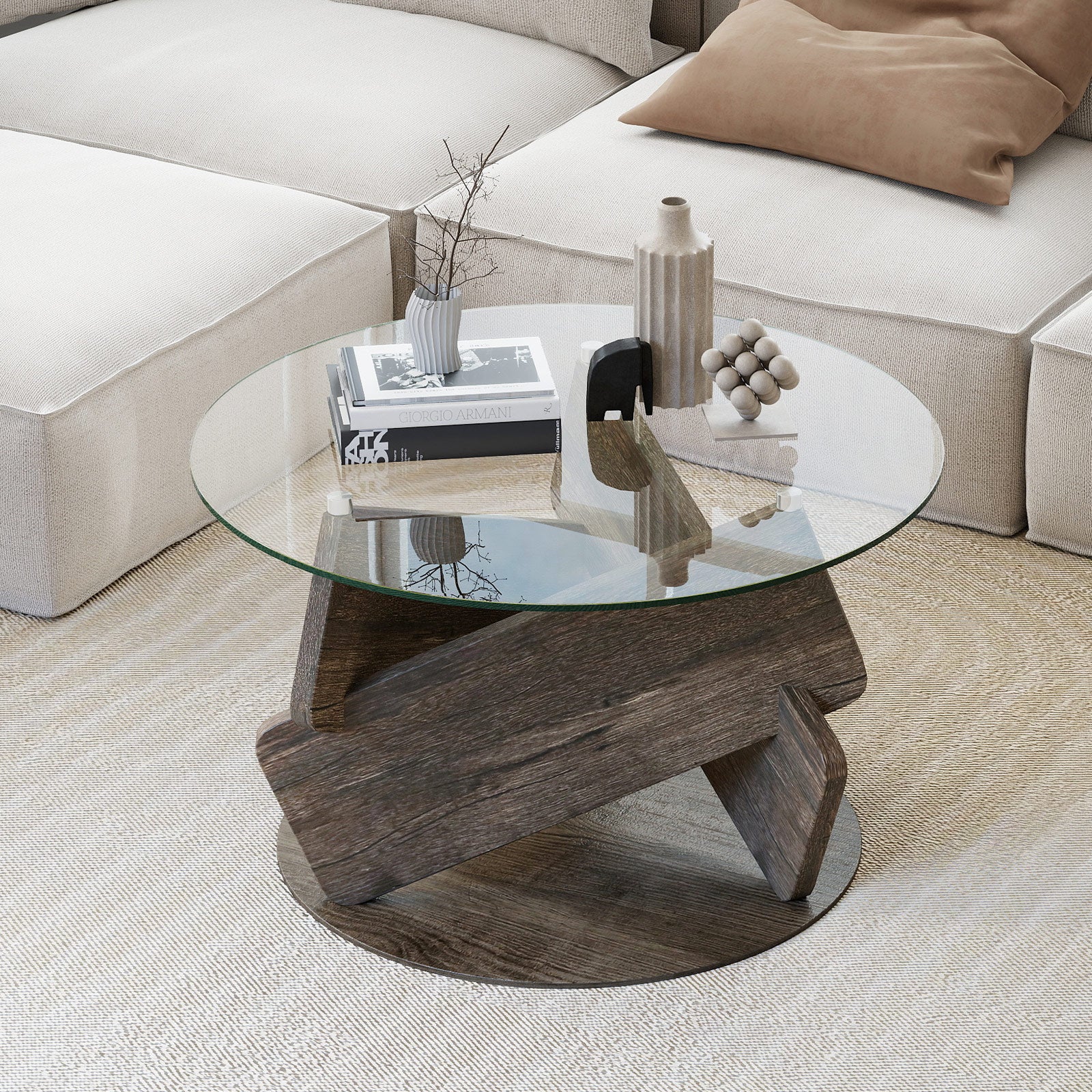 Round Glass Coffee Table, 32 Inch, Tempered Glass Top, Gray - Image 7