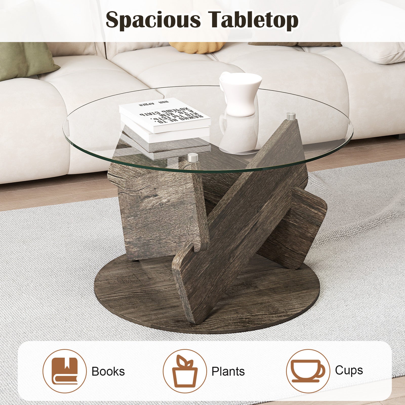 Round Glass Coffee Table, 32 Inch, Tempered Glass Top, Gray - Image 8