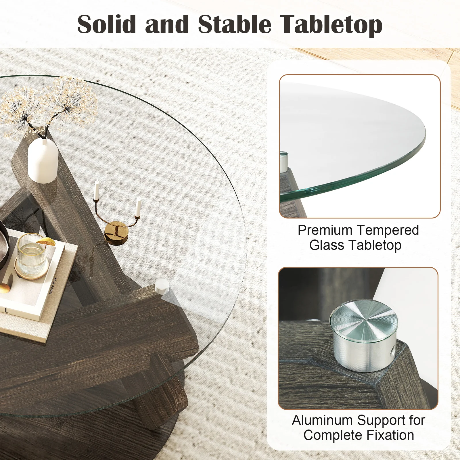 Round Glass Coffee Table, 32 Inch, Tempered Glass Top, Gray - Image 9