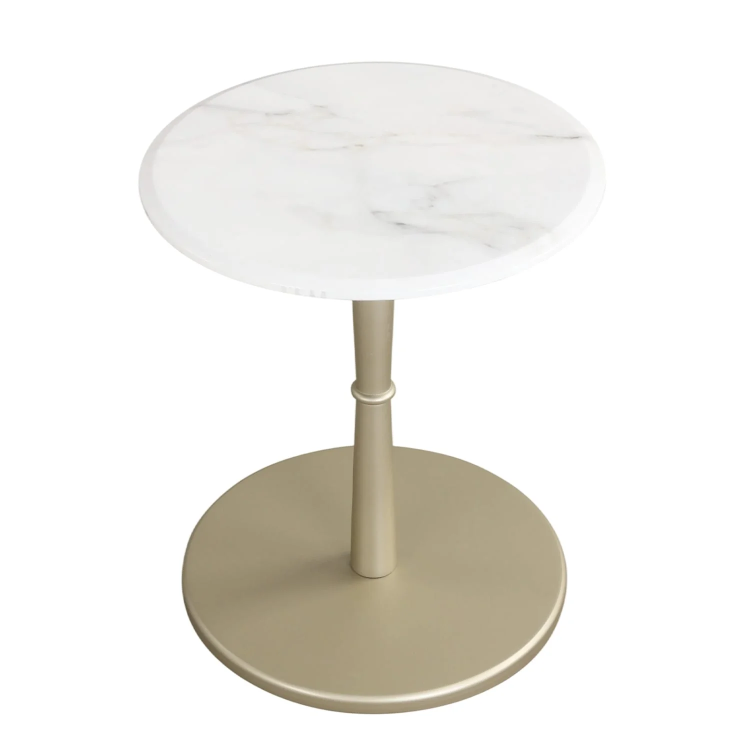 Round Marble Side Table with Stone Finish and Wooden Base for Small Spaces-White and Gold, White & Golden