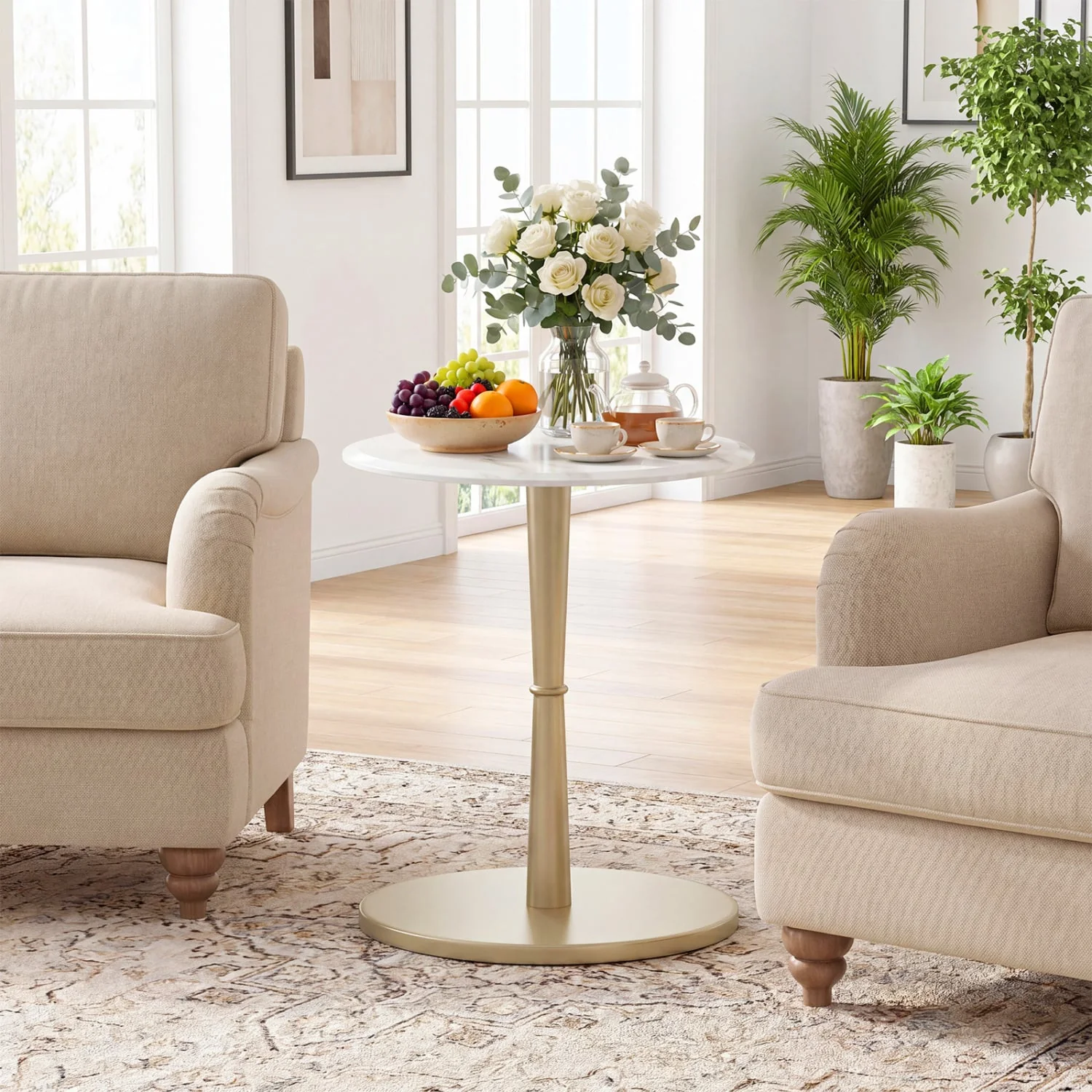 Round Marble Side Table with Stone Finish and Wooden Base for Small Spaces-White and Gold, White & Golden - Image 3