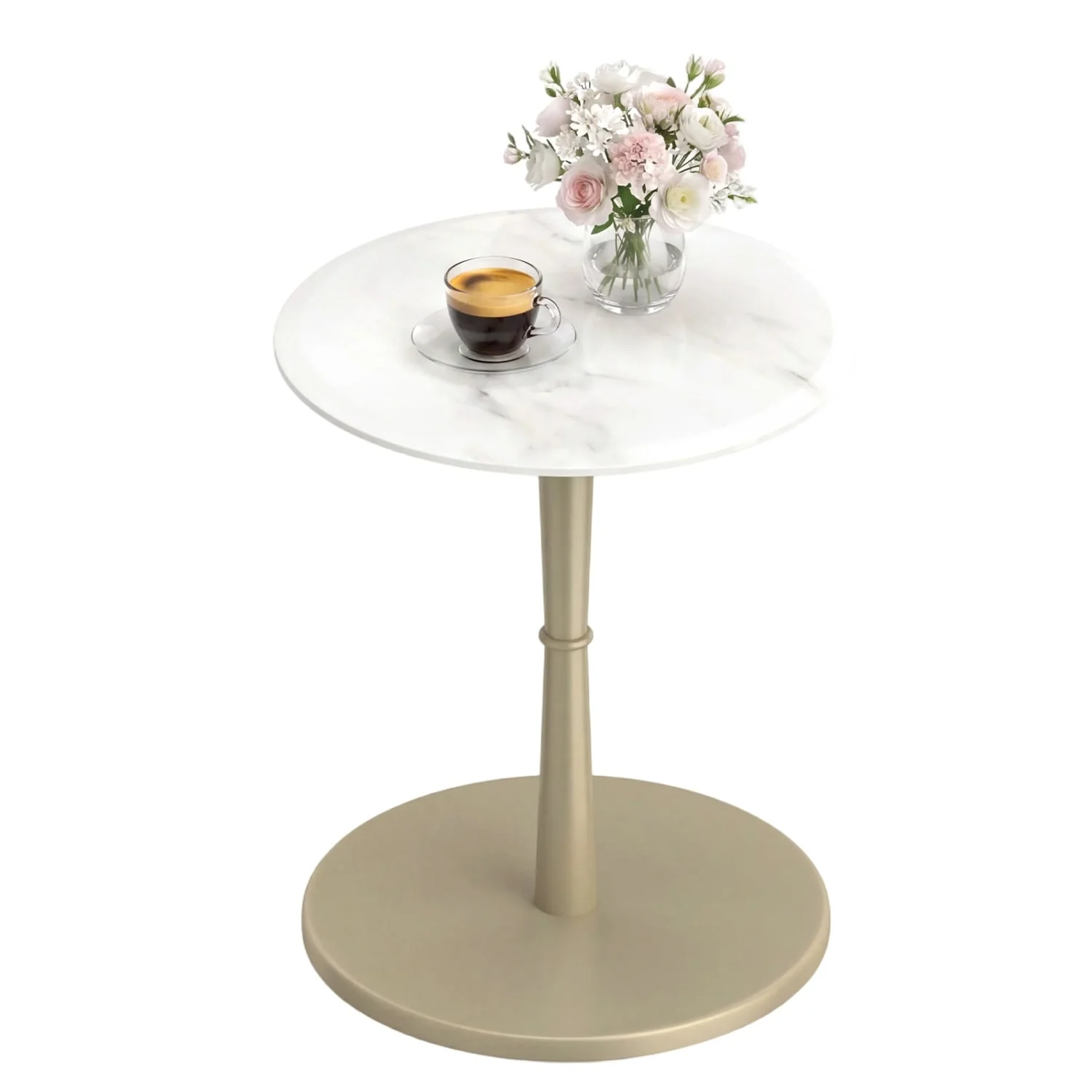 Round Marble Side Table with Stone Finish and Wooden Base for Small Spaces-White and Gold, White & Golden - Image 4