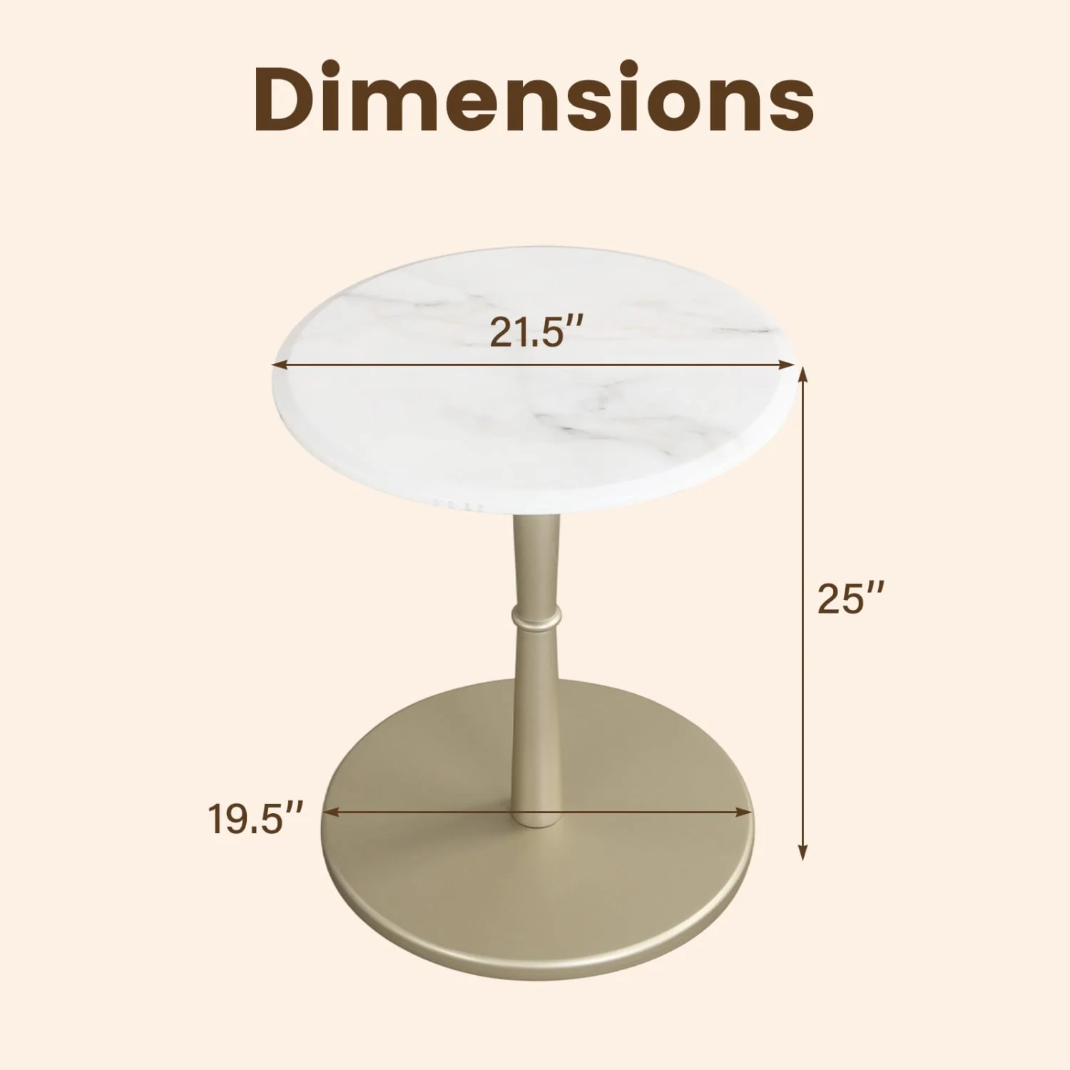 Round Marble Side Table with Stone Finish and Wooden Base for Small Spaces-White and Gold, White & Golden - Image 5