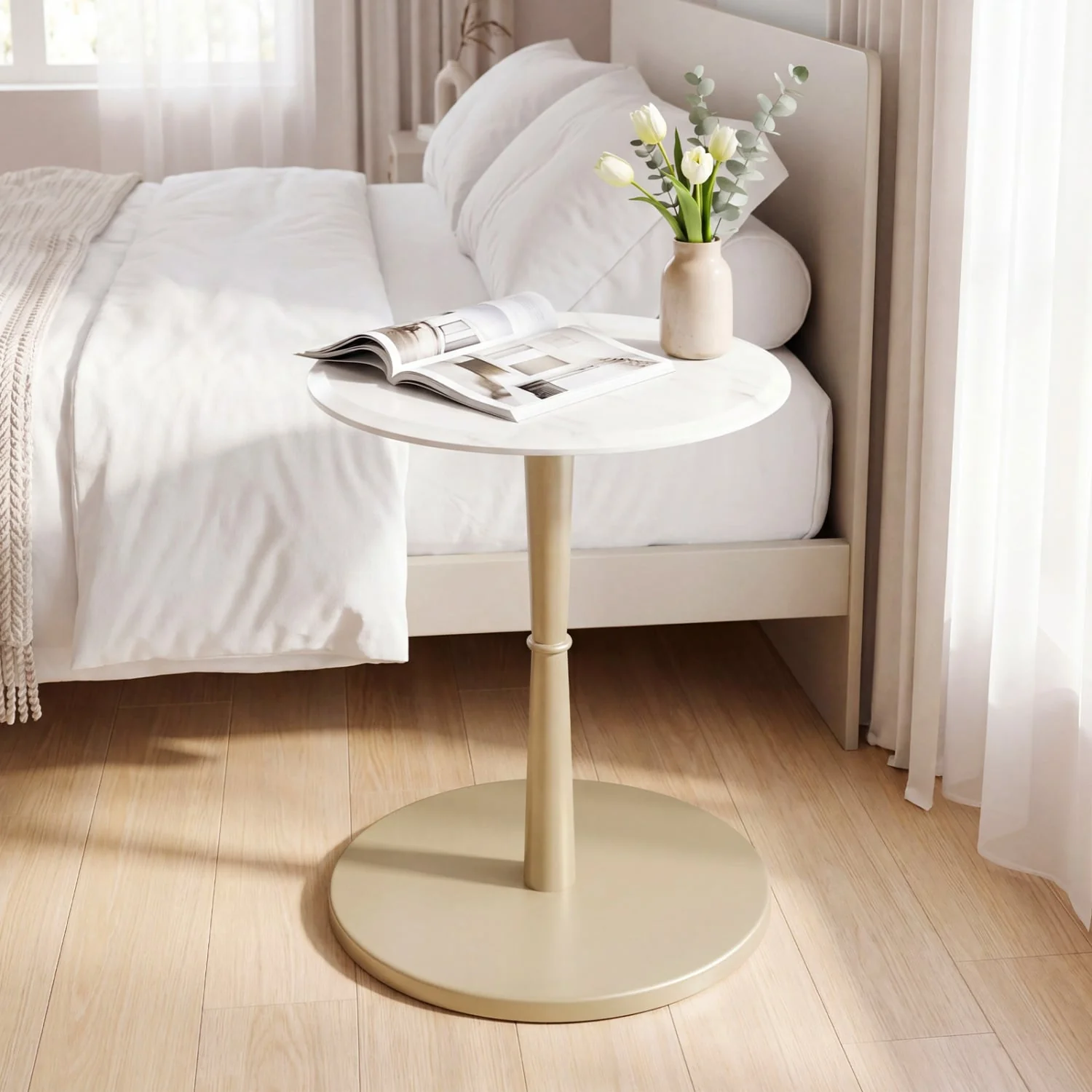 Round Marble Side Table with Stone Finish and Wooden Base for Small Spaces-White and Gold, White & Golden - Image 6