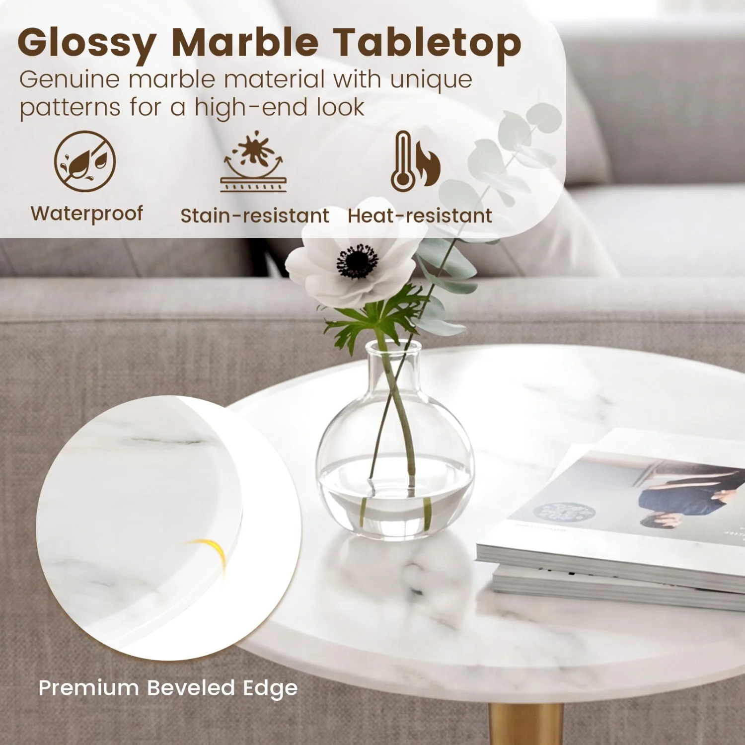Round Marble Side Table with Stone Finish and Wooden Base for Small Spaces-White and Gold, White & Golden - Image 7