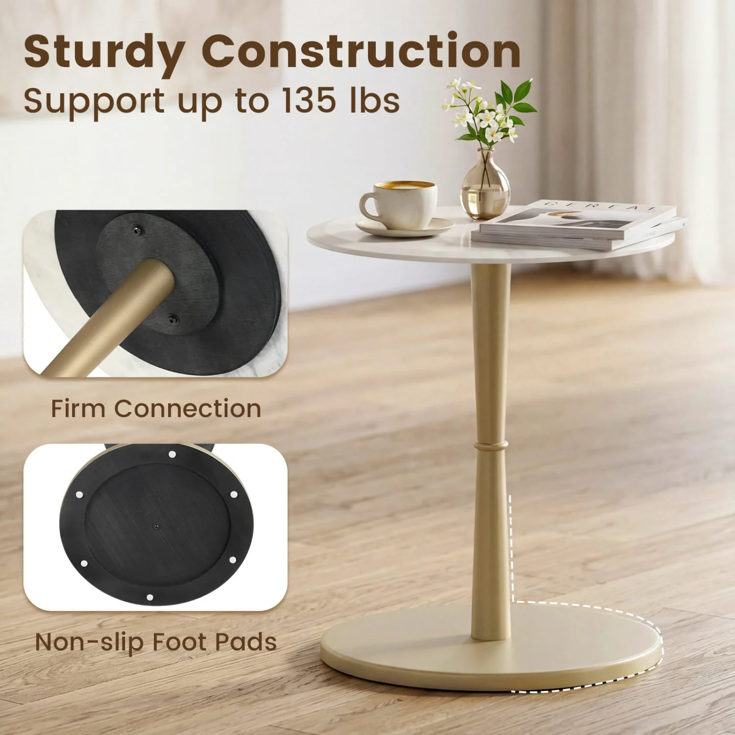Round Marble Side Table with Stone Finish and Wooden Base for Small Spaces-White and Gold, White & Golden - Image 9