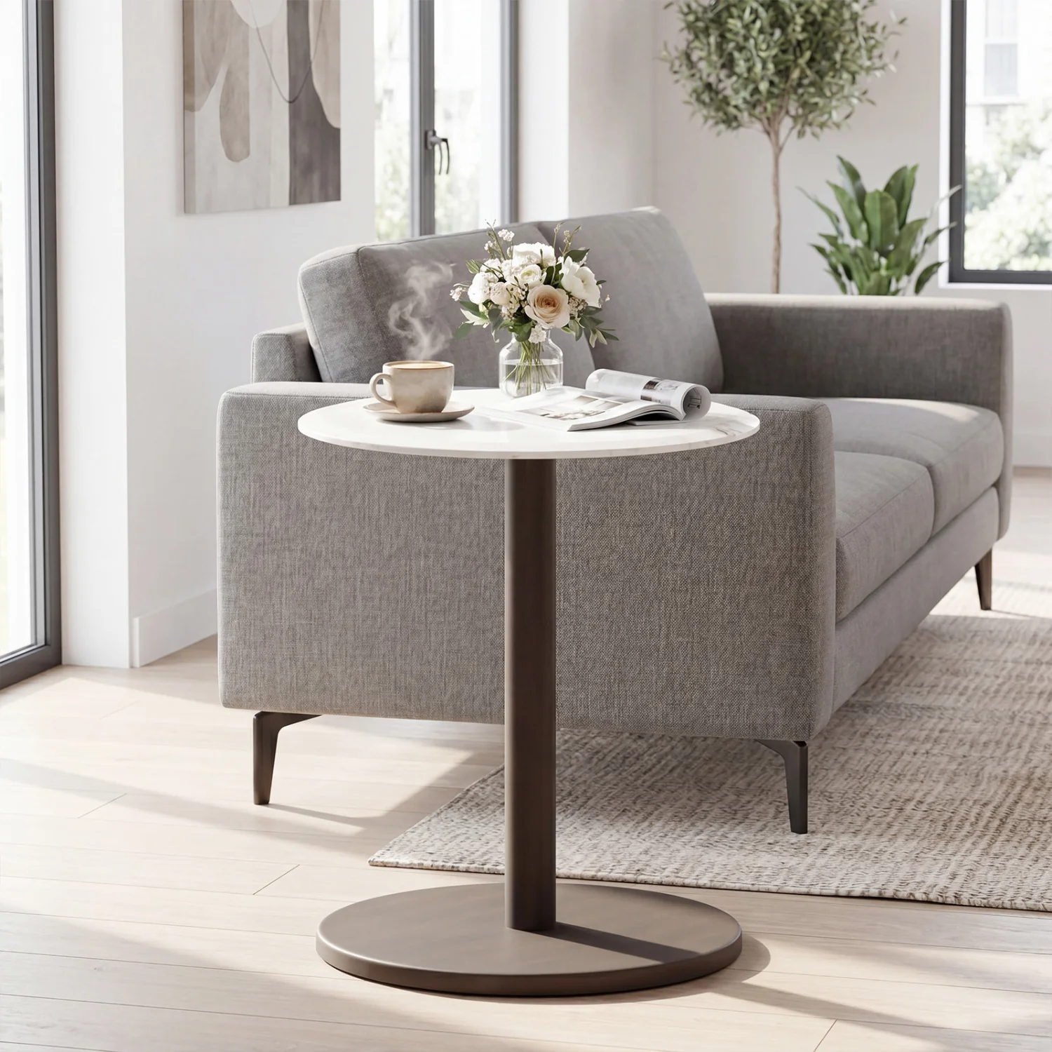 Round Marble Side Table with Stone Finish, Black & White - Image 2
