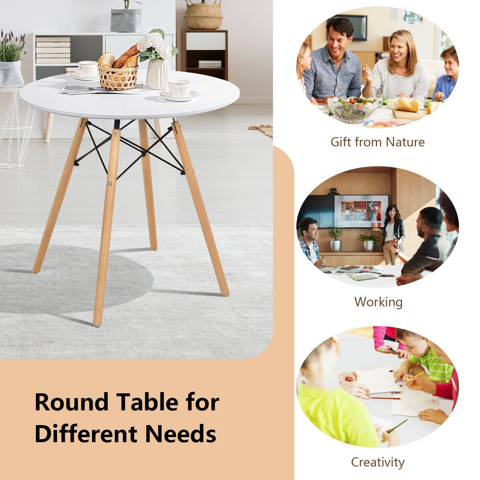Round Modern Dining Table, Solid Wood Leg, White - Image 9