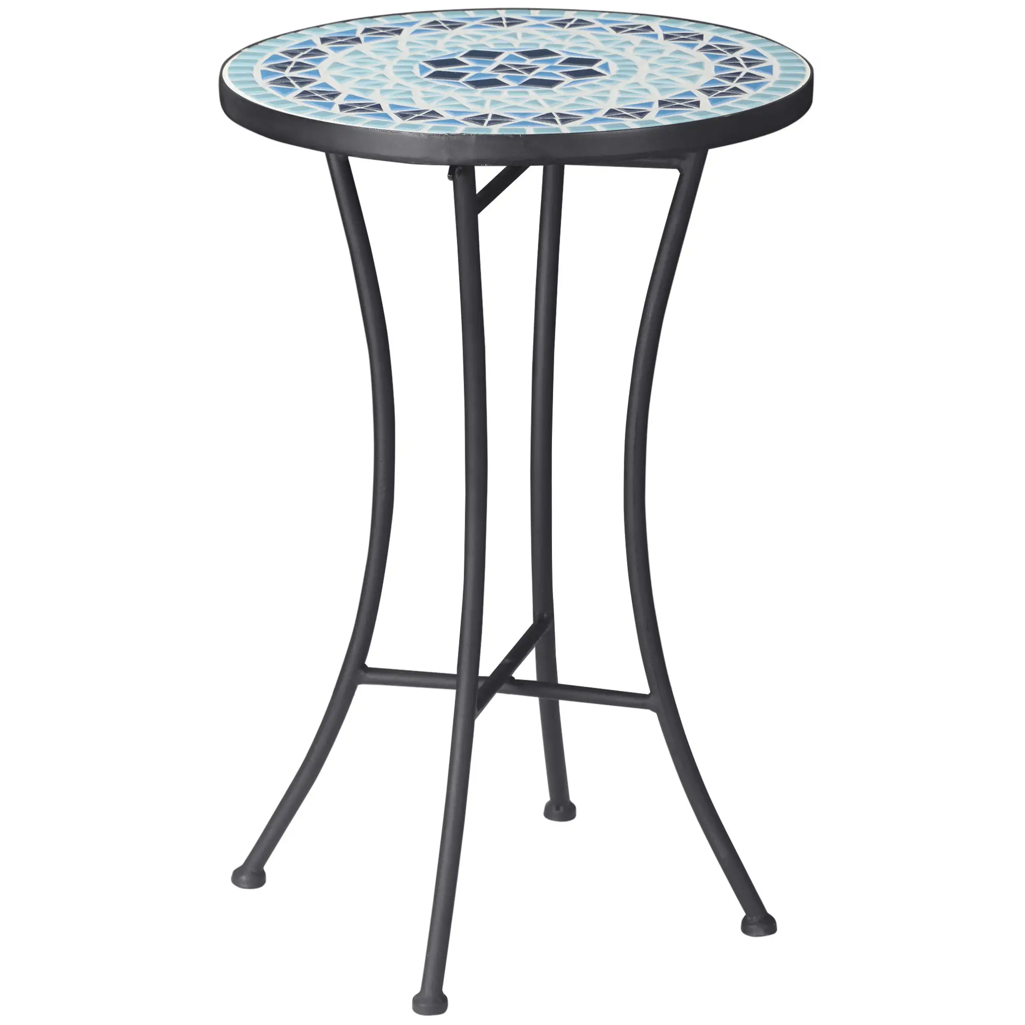 Round Mosaic Patio Table, Metal Frame, Outdoor Garden Furniture, Blue