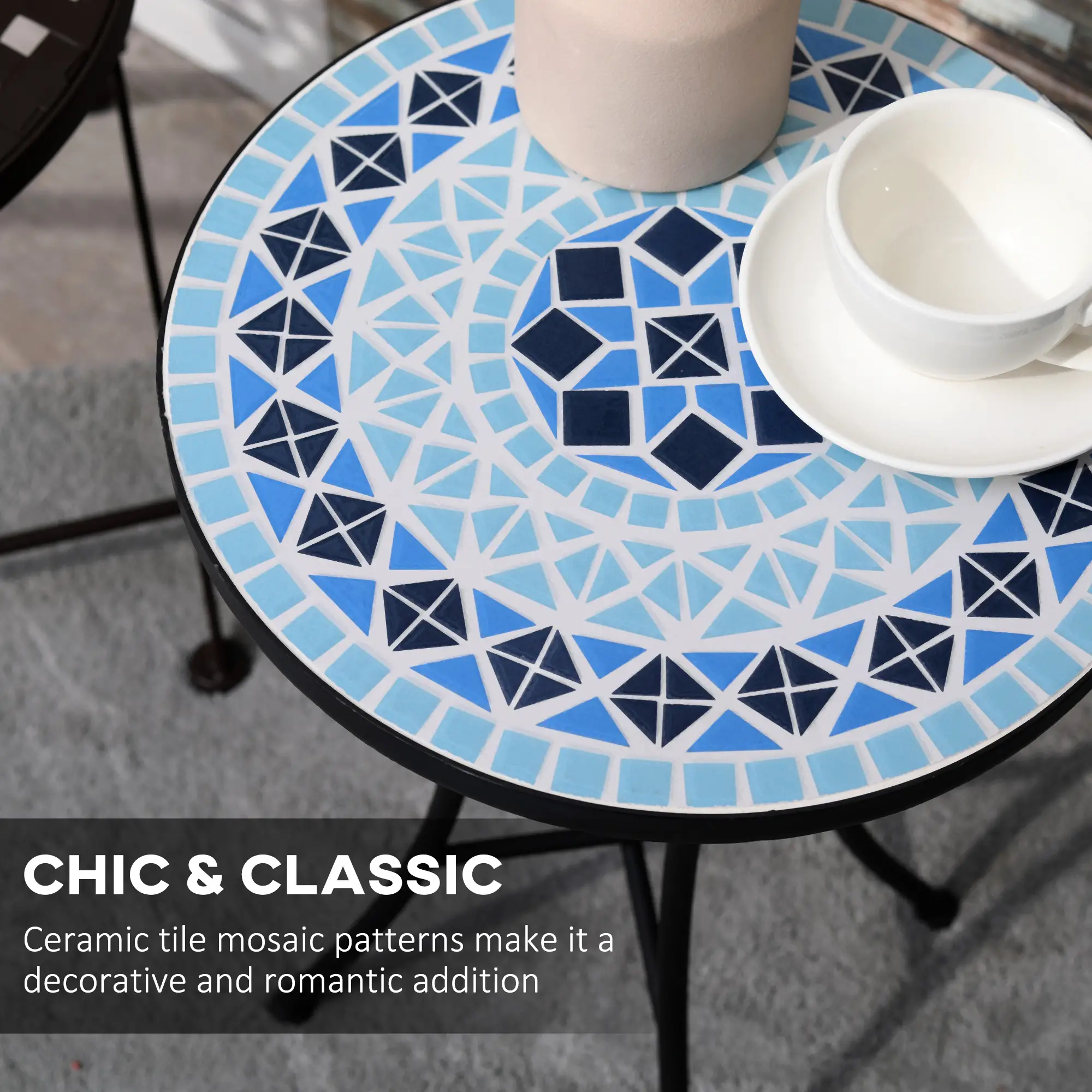Round Mosaic Patio Table, Metal Frame, Outdoor Garden Furniture, Blue - Image 4