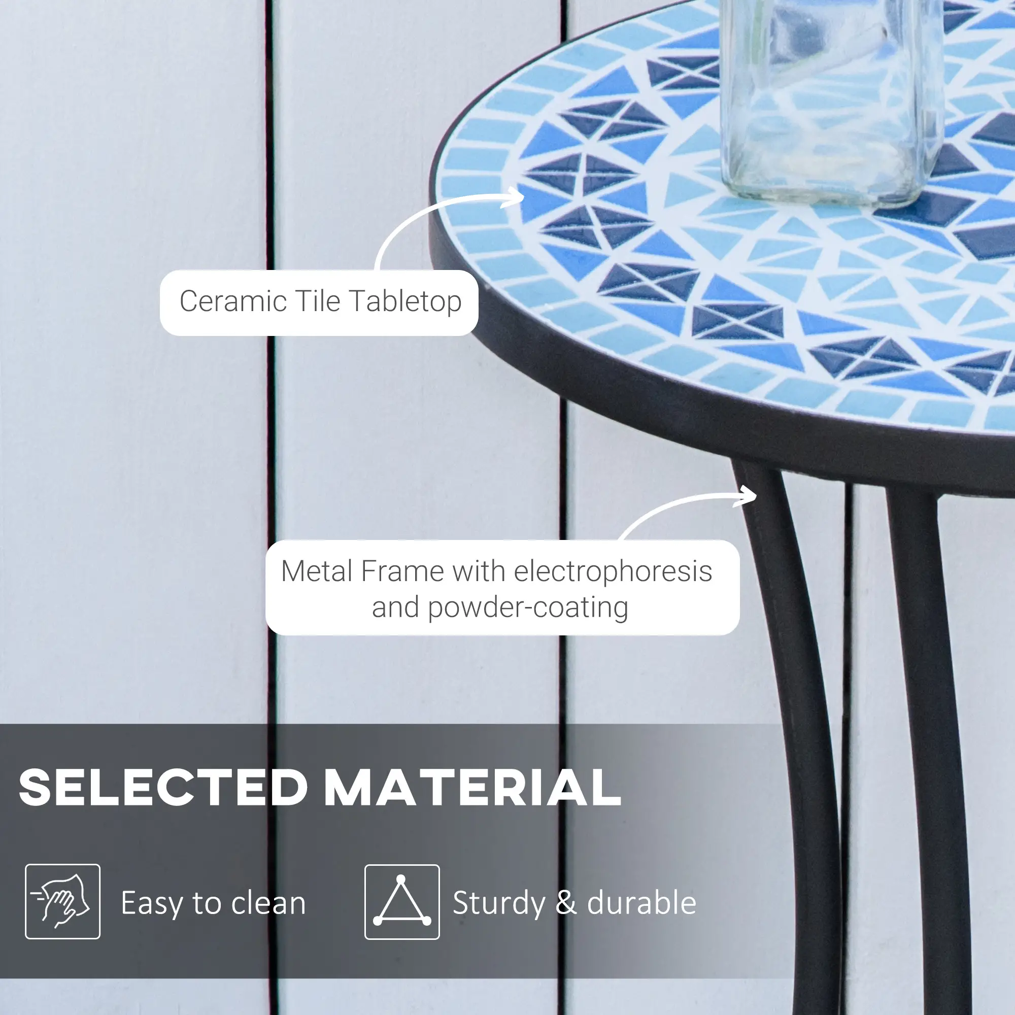 Round Mosaic Patio Table, Metal Frame, Outdoor Garden Furniture, Blue - Image 6