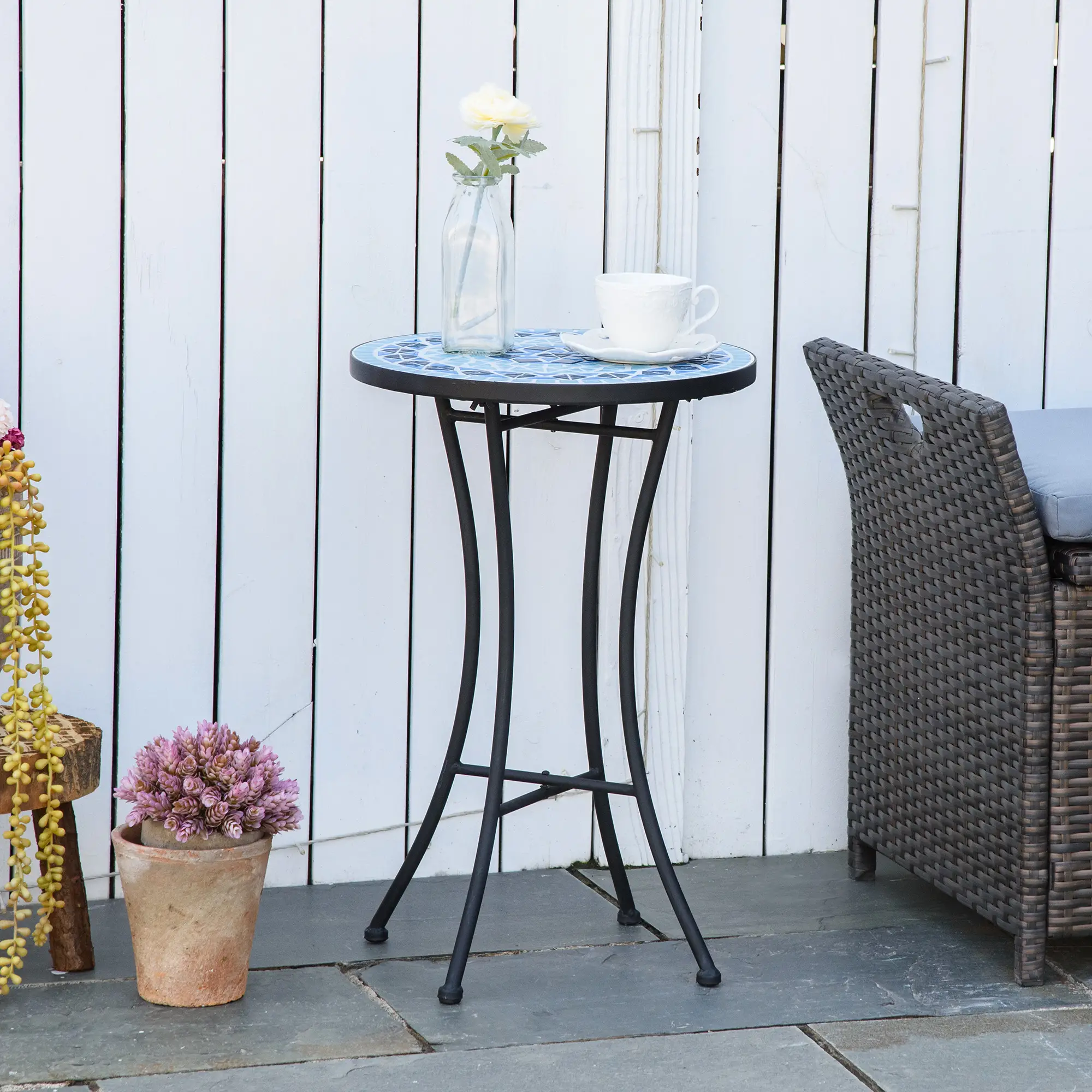 Round Mosaic Patio Table, Metal Frame, Outdoor Garden Furniture, Blue - Image 8