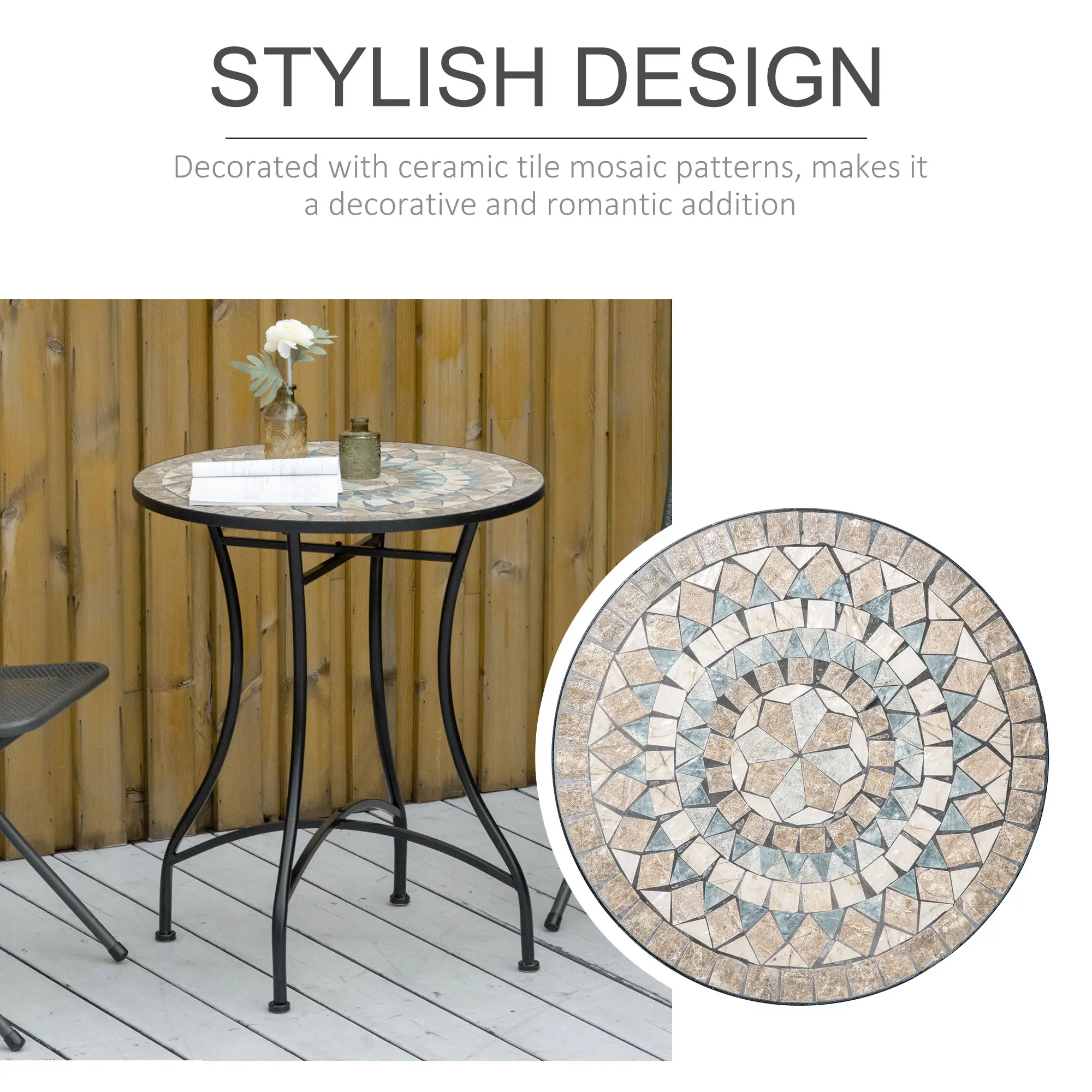 Round Mosaic Patio Table, Metal Frame, Outdoor Garden Furniture, Green - Image 4