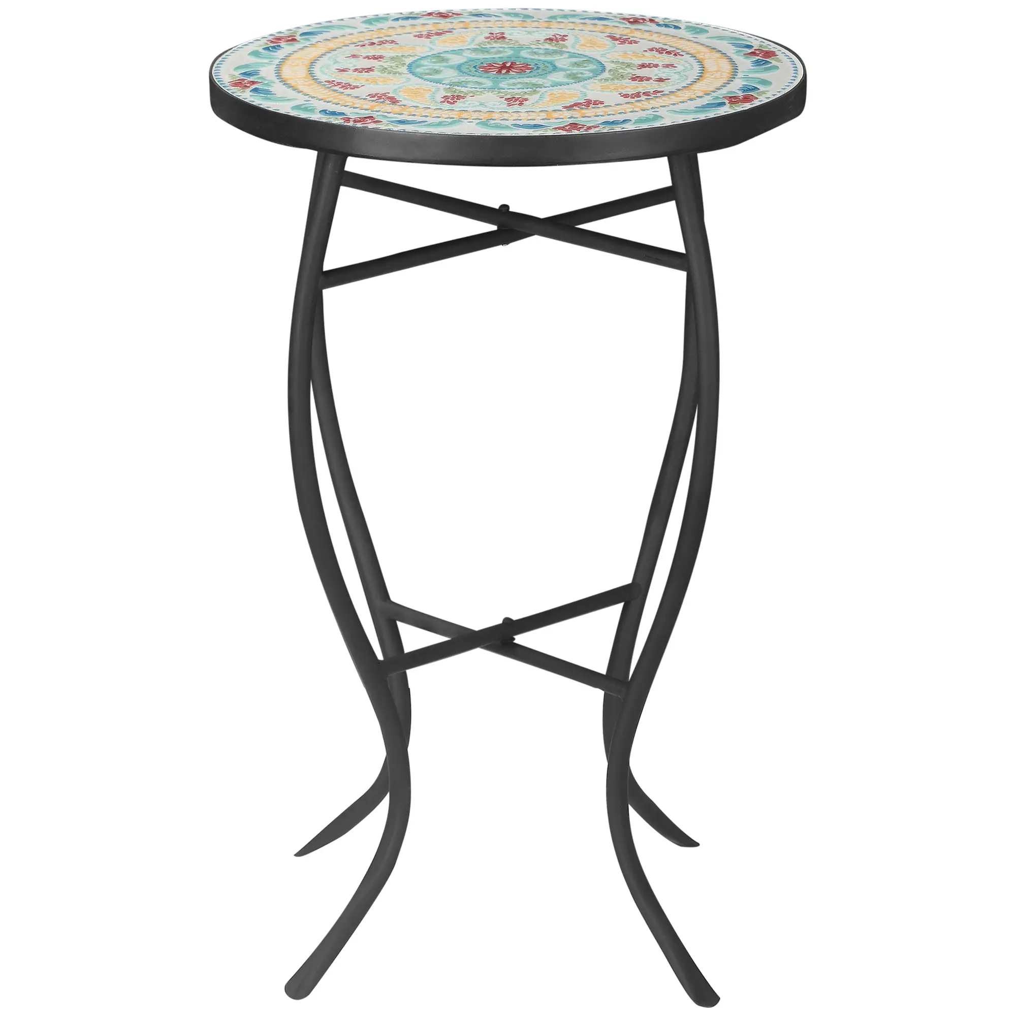 Round Mosaic Patio Table, Metal Frame, Outdoor Garden Furniture, Multicolor