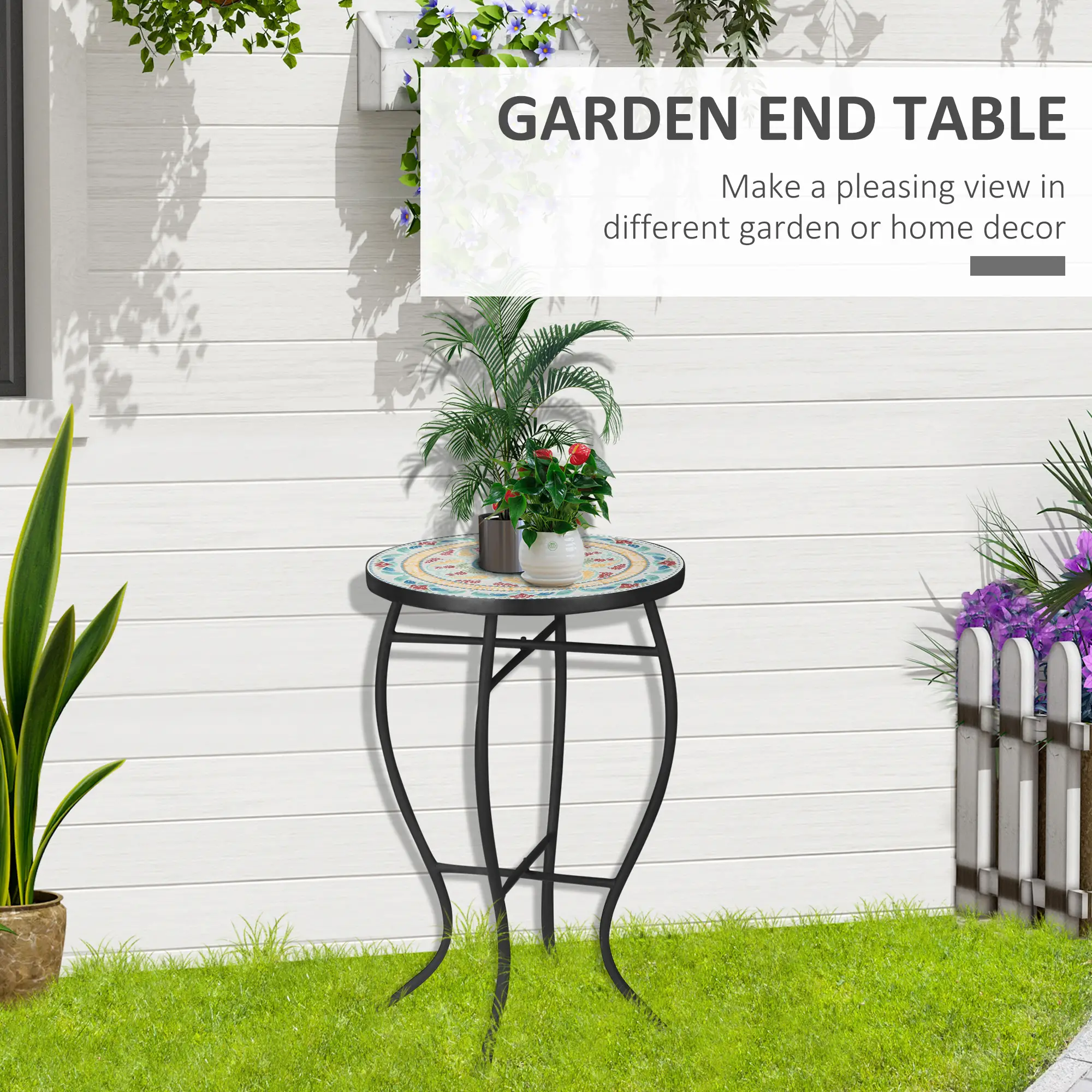 Round Mosaic Patio Table, Metal Frame, Outdoor Garden Furniture, Multicolor - Image 4