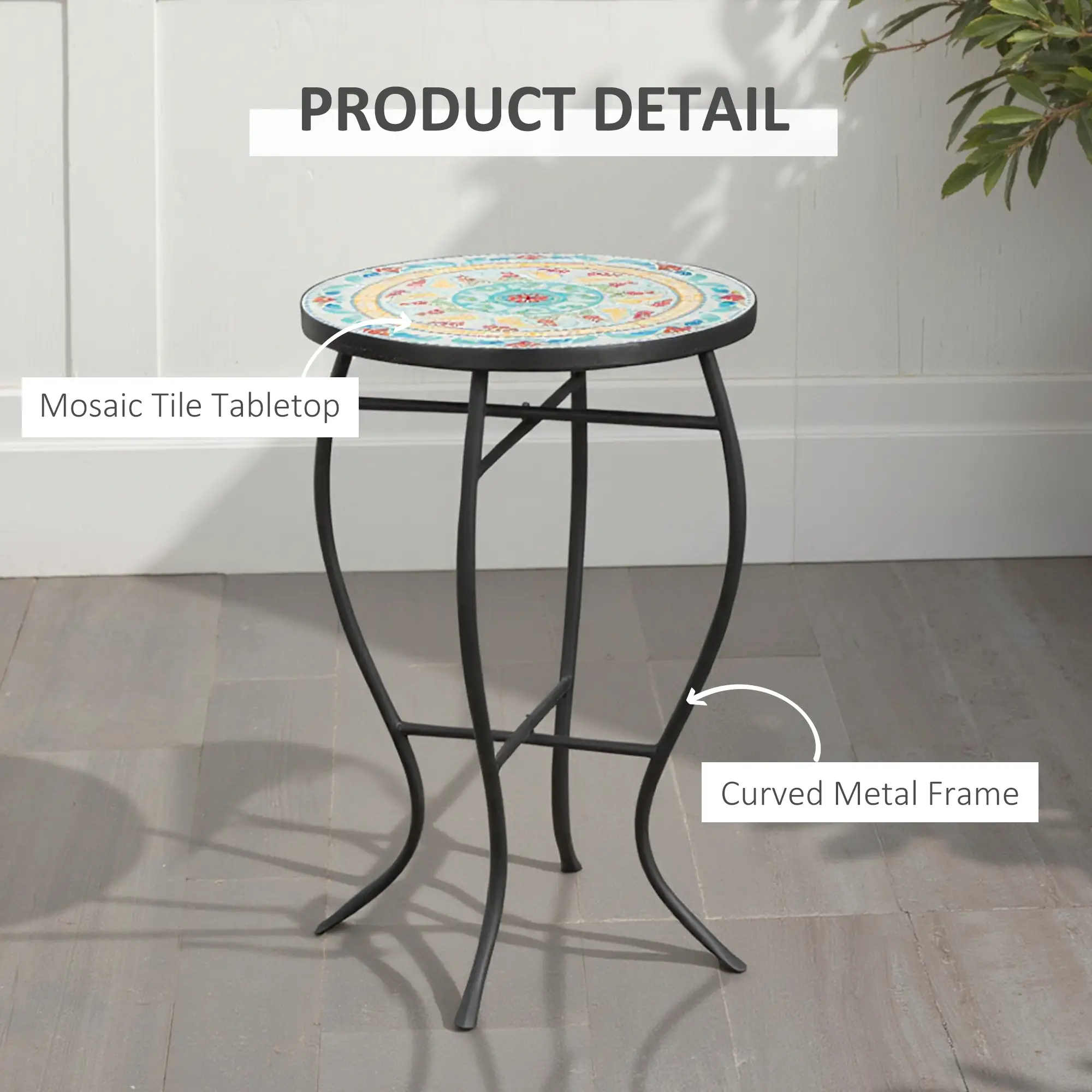 Round Mosaic Patio Table, Metal Frame, Outdoor Garden Furniture, Multicolor - Image 6