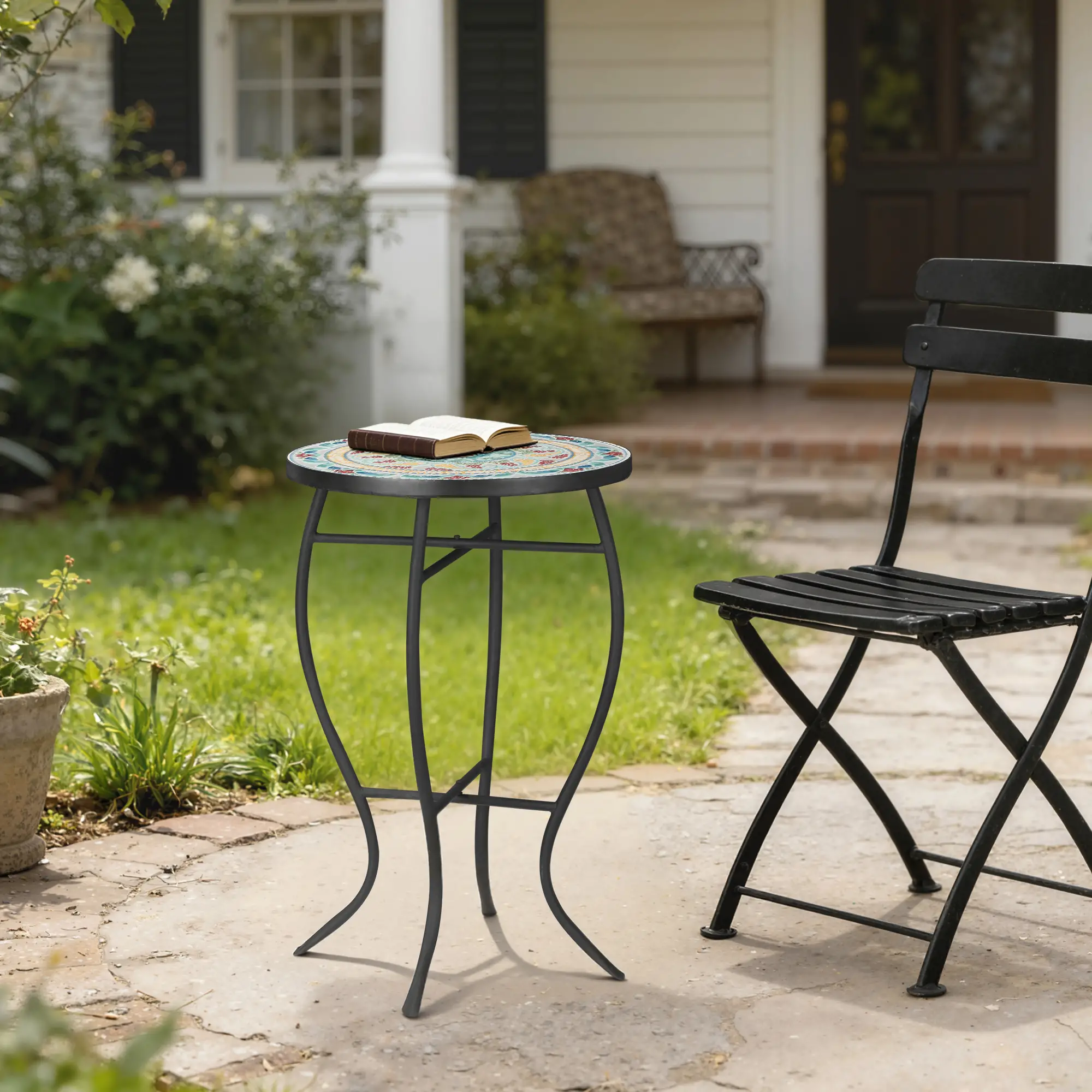 Round Mosaic Patio Table, Metal Frame, Outdoor Garden Furniture, Multicolor - Image 8