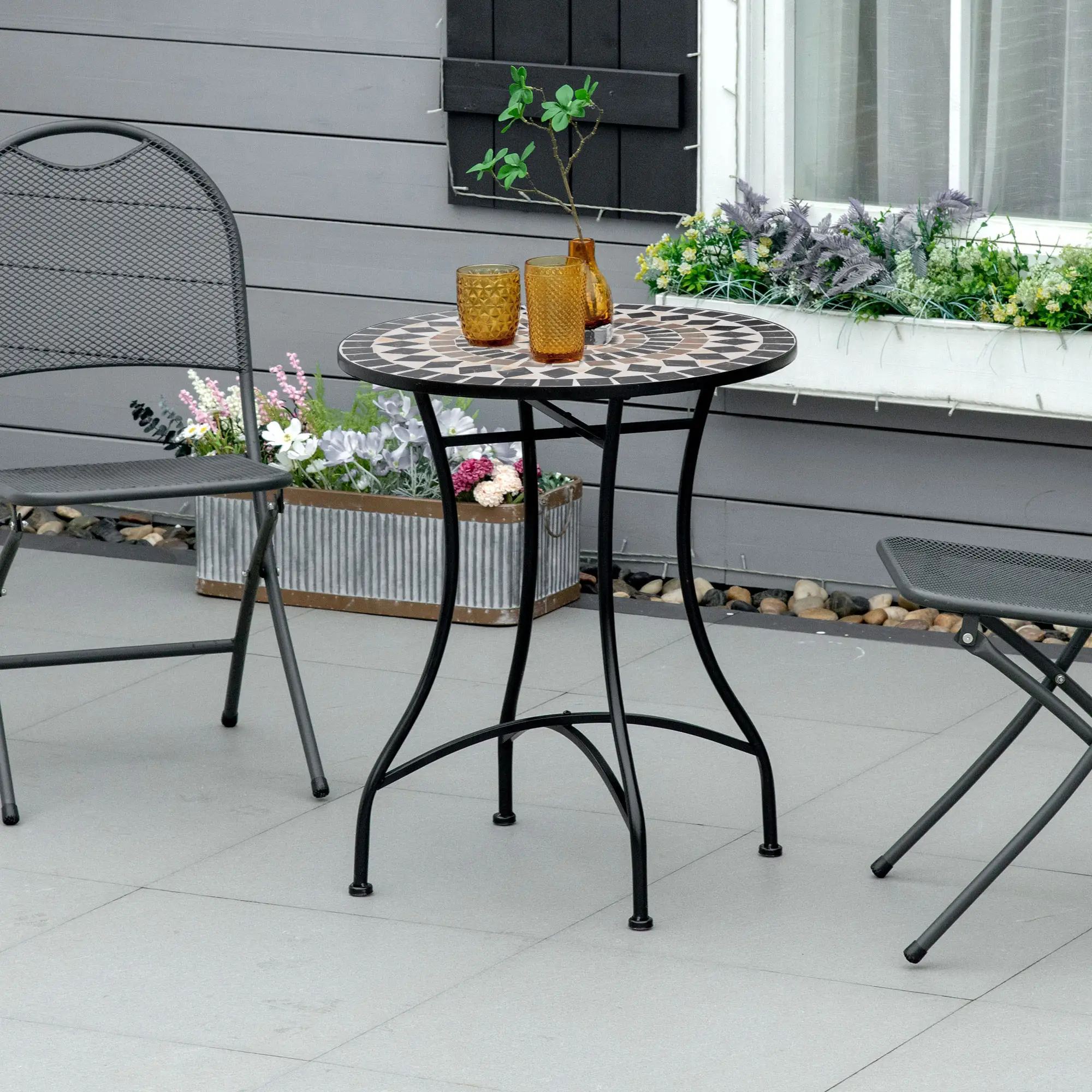 Round Mosaic Patio Table, Metal Frame, Outdoor Garden Furniture, Black - Image 2