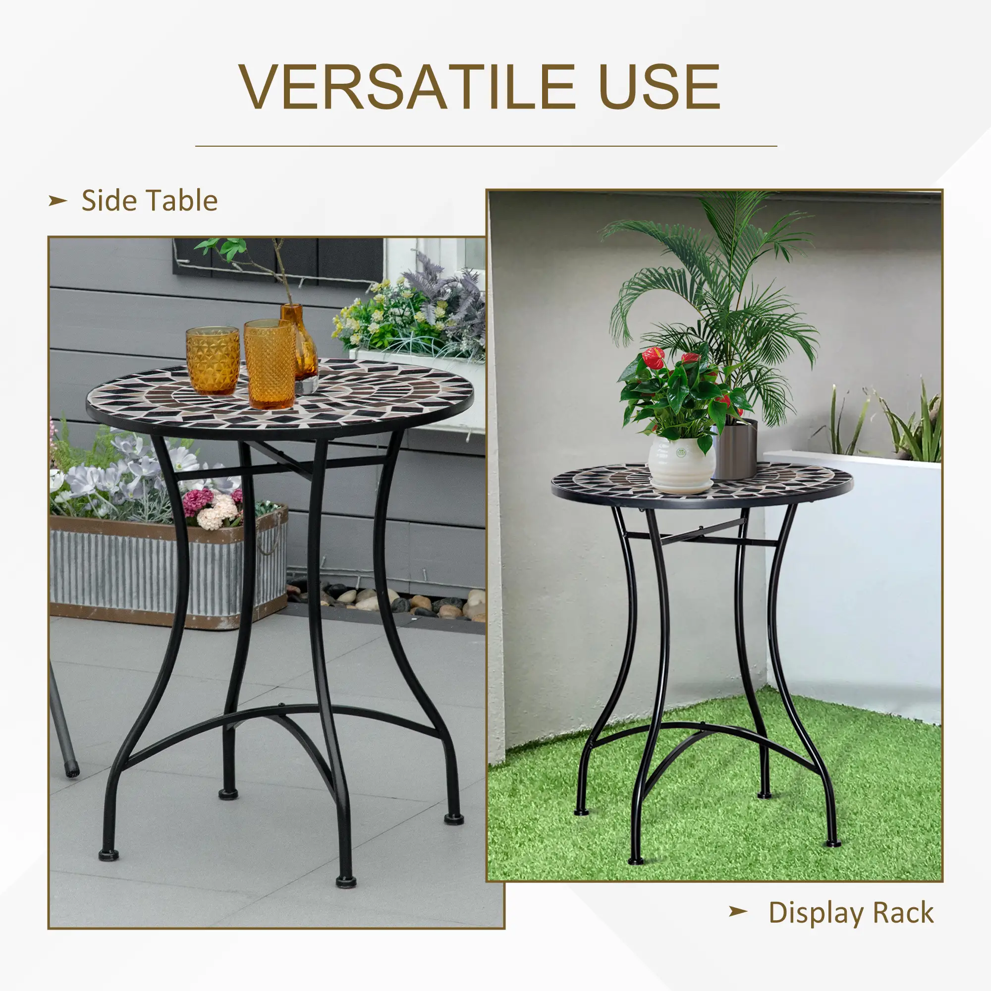 Round Mosaic Patio Table, Metal Frame, Outdoor Garden Furniture, Black - Image 4