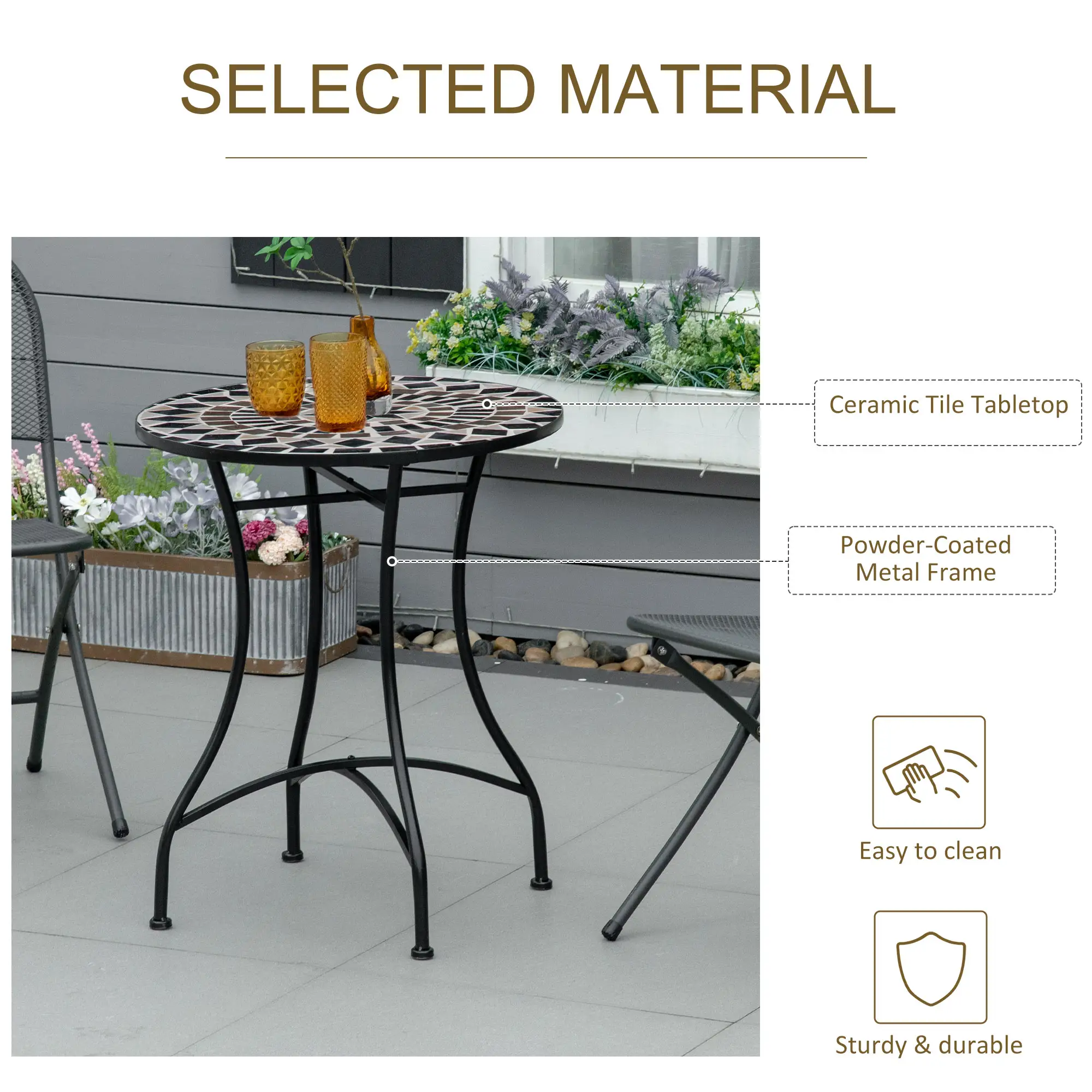 Round Mosaic Patio Table, Metal Frame, Outdoor Garden Furniture, Black - Image 5