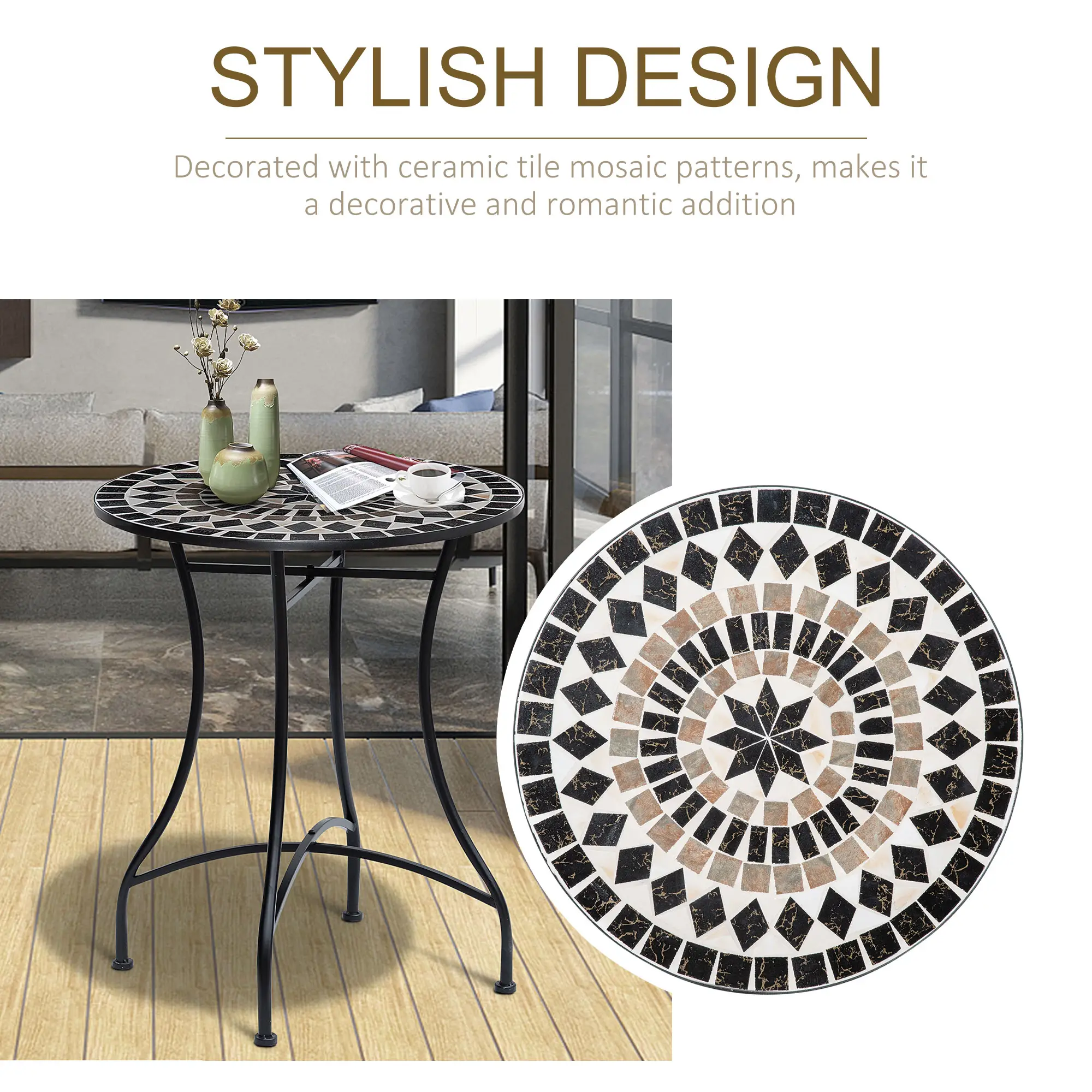 Round Mosaic Patio Table, Metal Frame, Outdoor Garden Furniture, Black - Image 6
