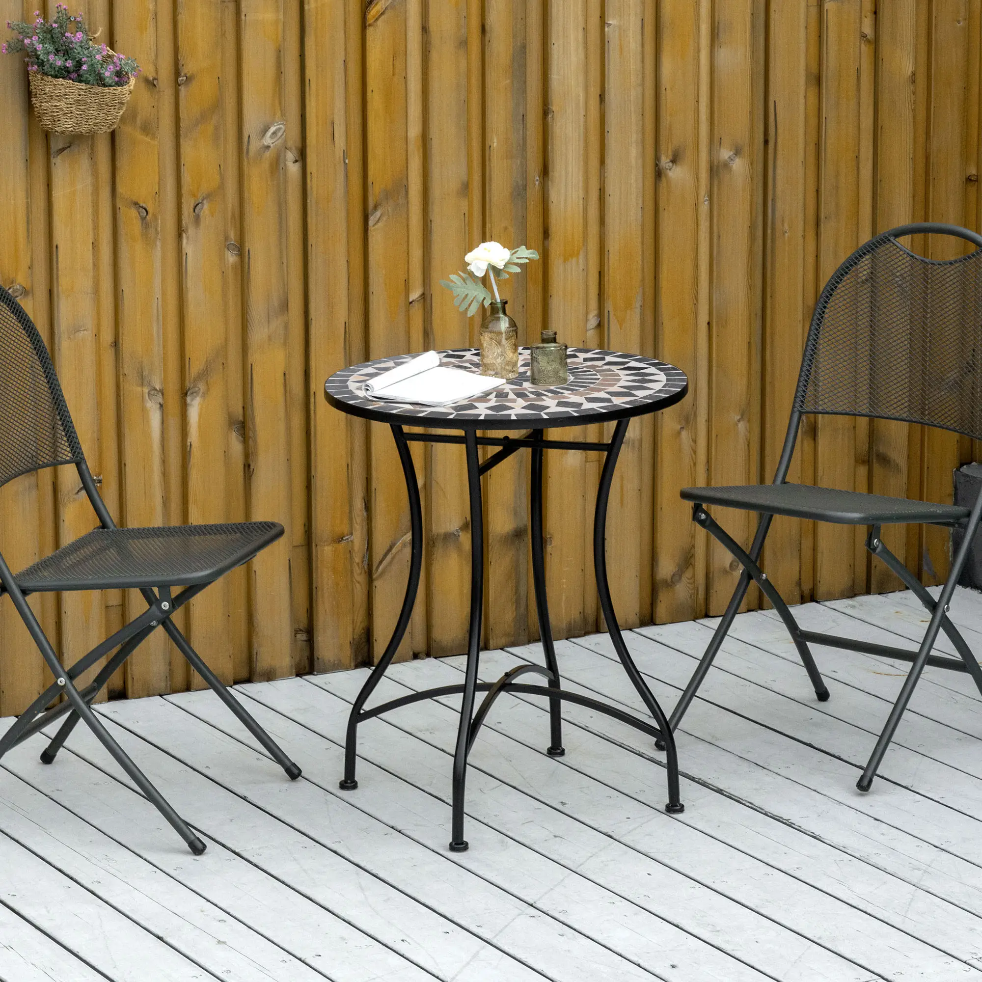 Round Mosaic Patio Table, Metal Frame, Outdoor Garden Furniture, Black - Image 7