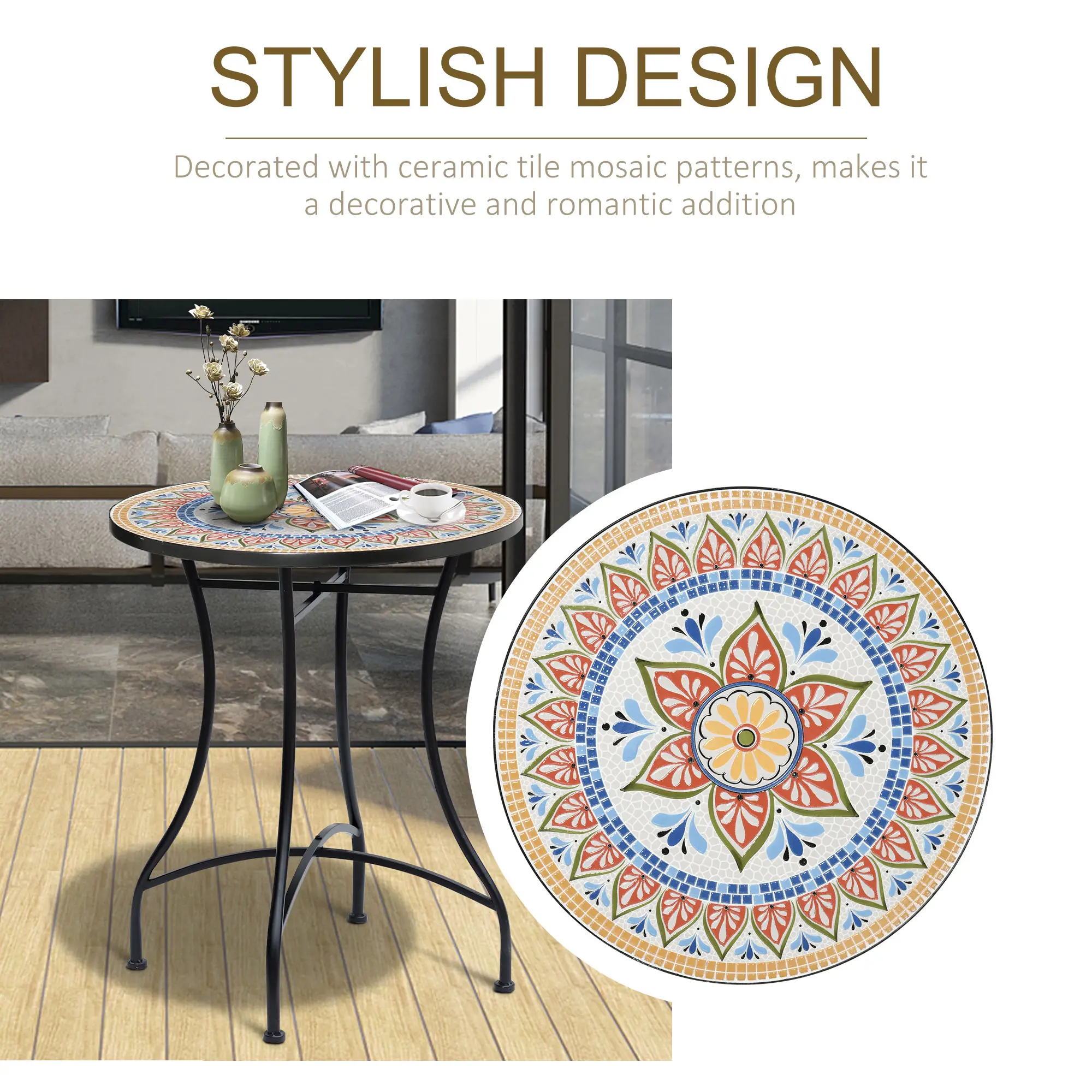 Round Mosaic Patio Table, Metal Frame, Outdoor Garden Furniture, Red - Image 6