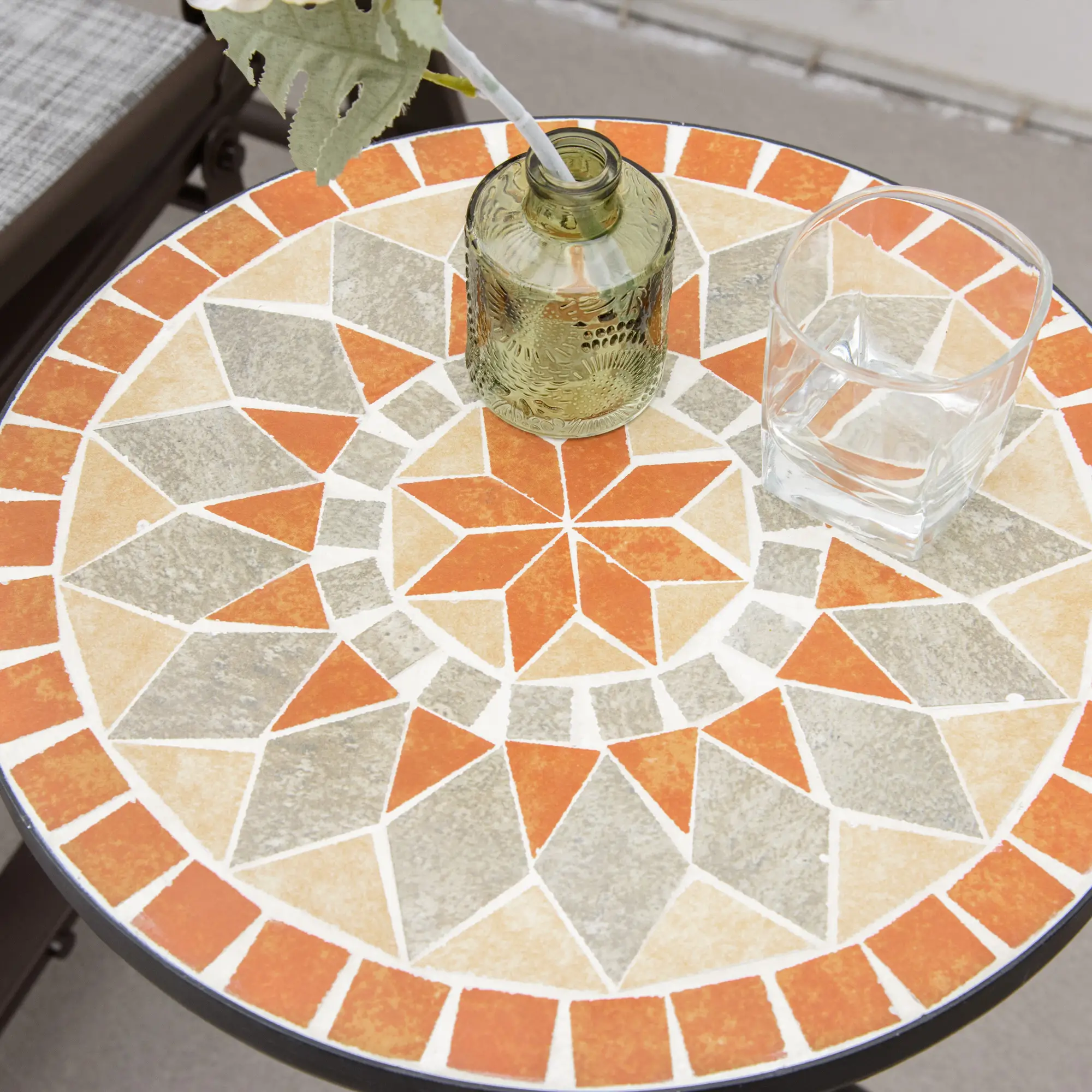 Round Mosaic Patio Table, Metal Frame, Outdoor Garden Furniture, Yellow Grey - Image 10