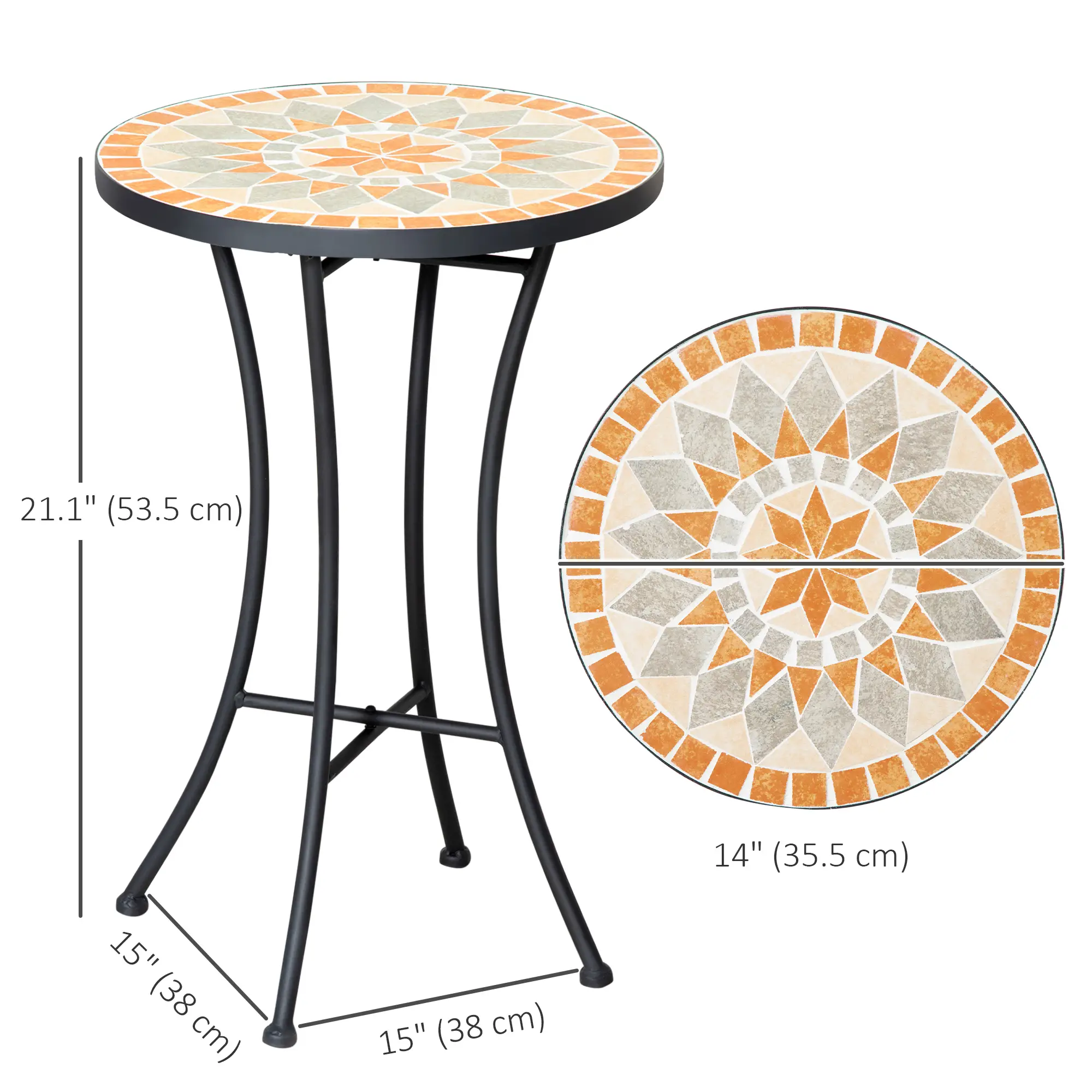 Round Mosaic Patio Table, Metal Frame, Outdoor Garden Furniture, Yellow Grey - Image 3
