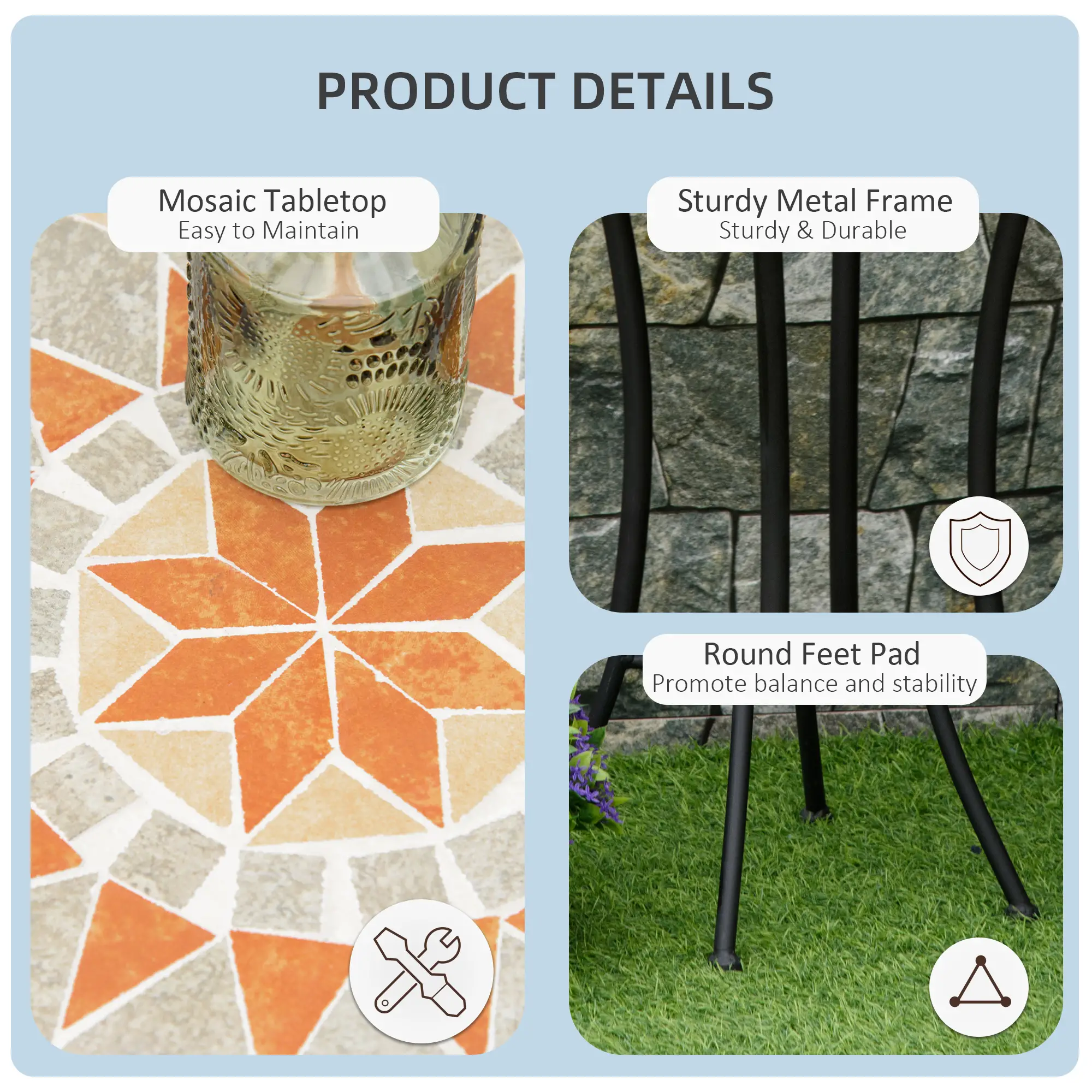 Round Mosaic Patio Table, Metal Frame, Outdoor Garden Furniture, Yellow Grey - Image 6