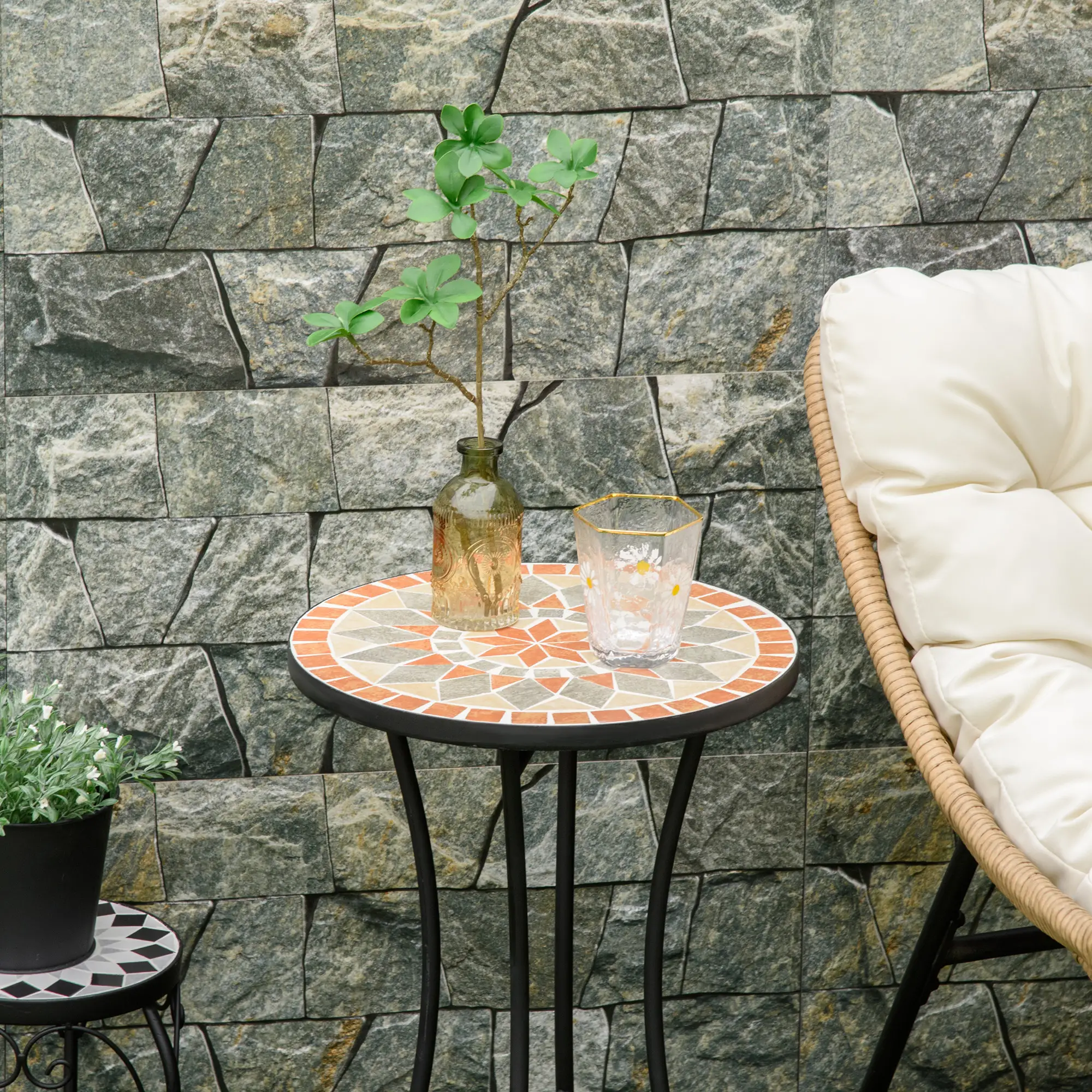 Round Mosaic Patio Table, Metal Frame, Outdoor Garden Furniture, Yellow Grey - Image 7