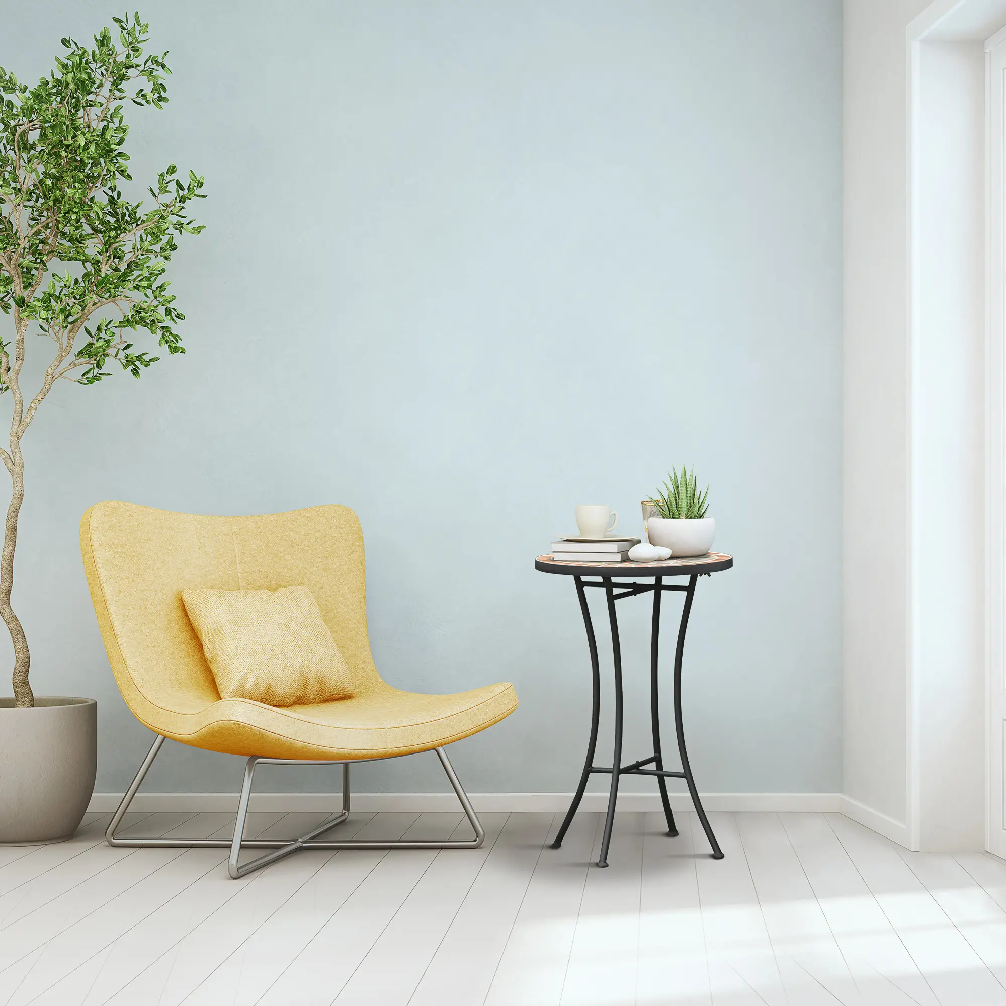 Round Mosaic Patio Table, Metal Frame, Outdoor Garden Furniture, Yellow Grey - Image 9