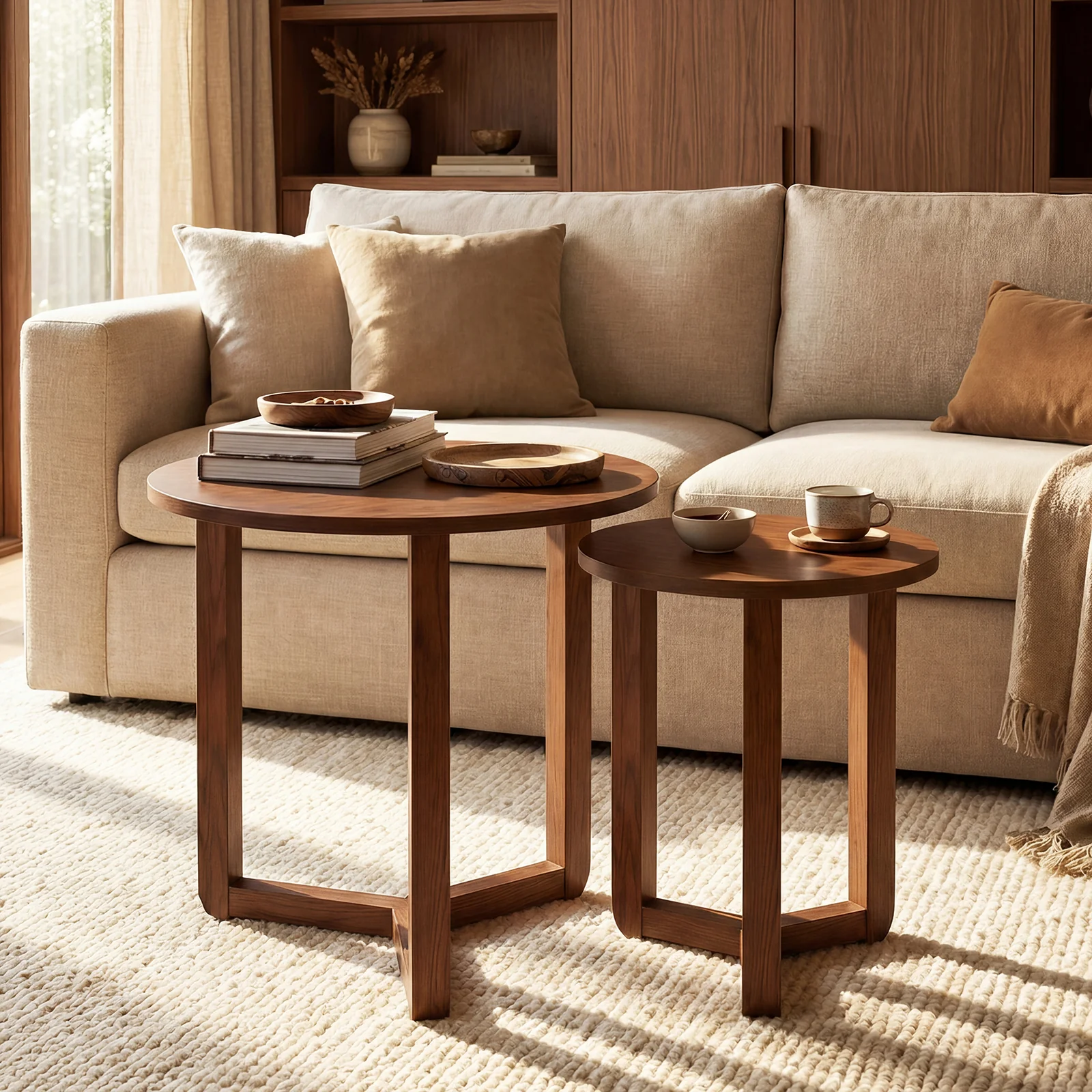 Round Nesting Coffee Table Set, 2 Wood End Tables, Thickened Top, Walnut - Image 2