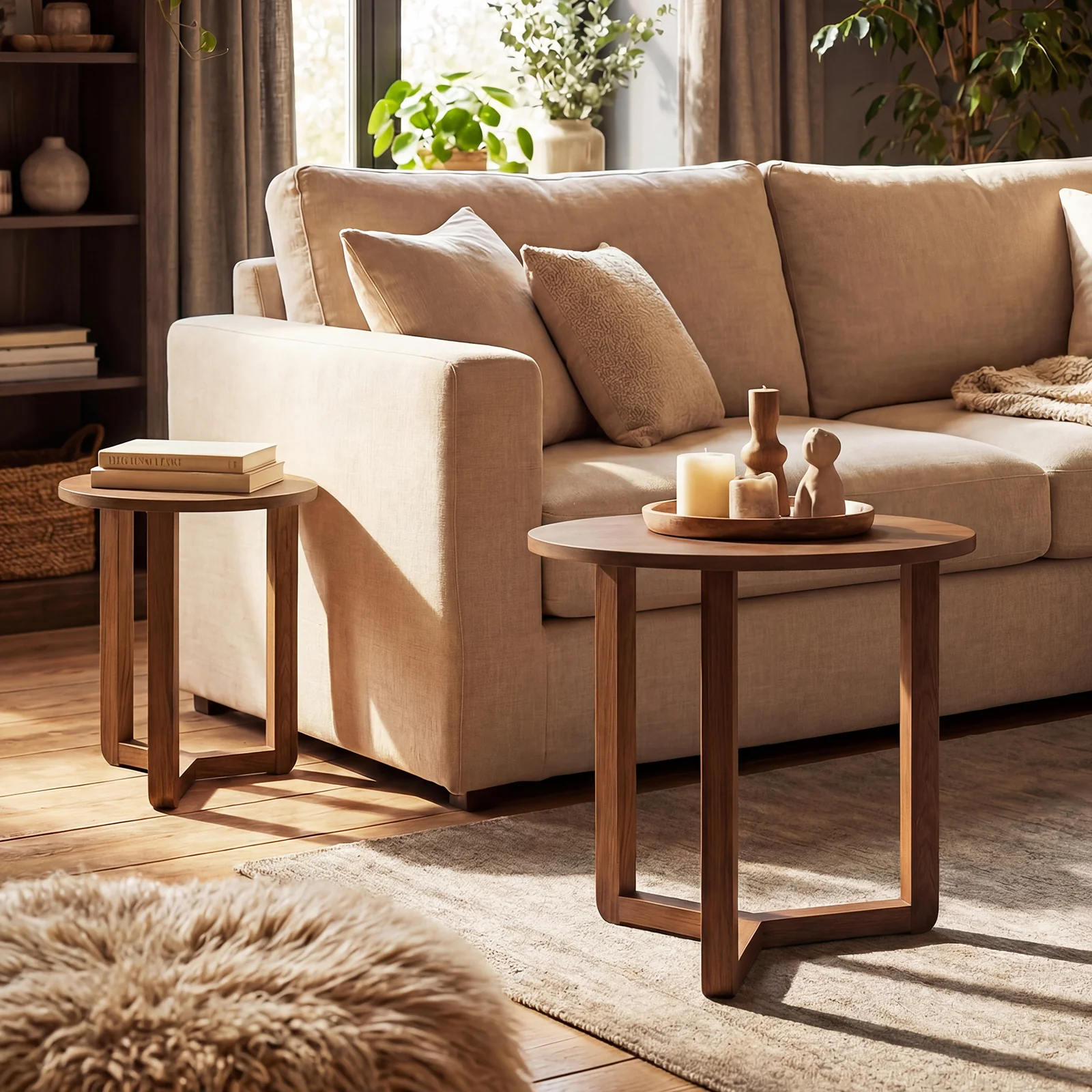 Round Nesting Coffee Table Set, 2 Wood End Tables, Thickened Top, Walnut - Image 3