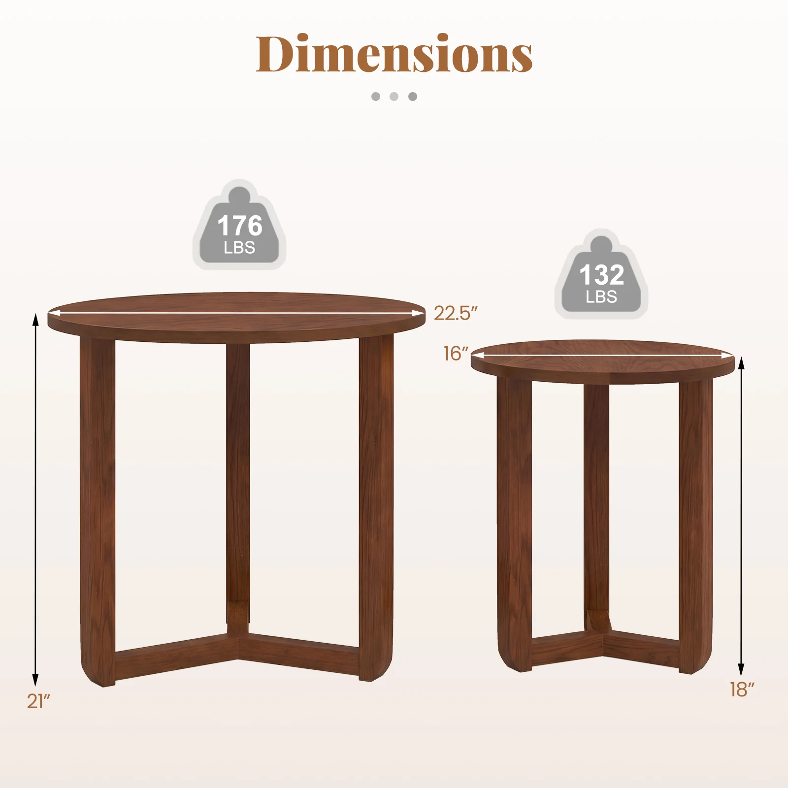Round Nesting Coffee Table Set, 2 Wood End Tables, Thickened Top, Walnut - Image 5