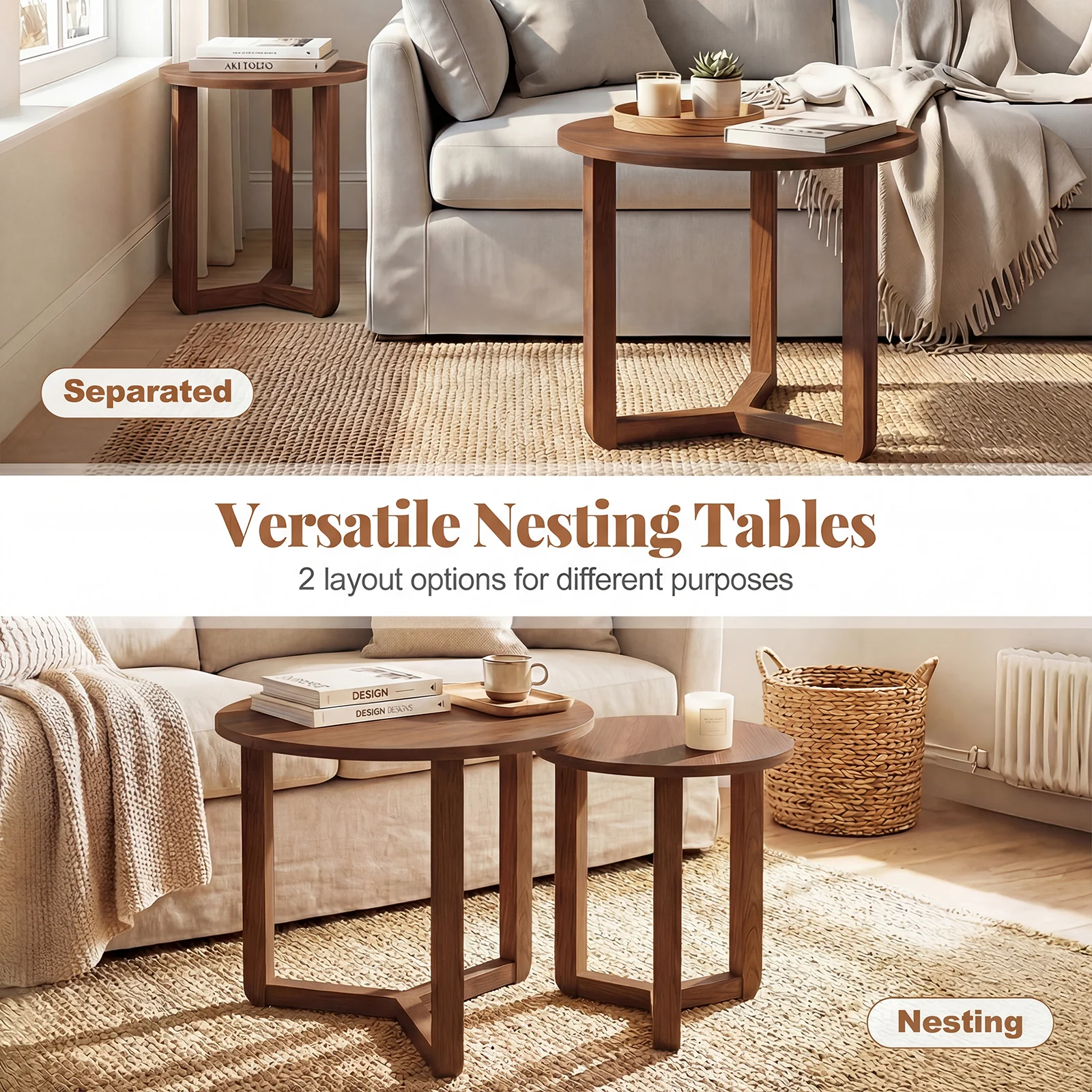 Round Nesting Coffee Table Set, 2 Wood End Tables, Thickened Top, Walnut - Image 7