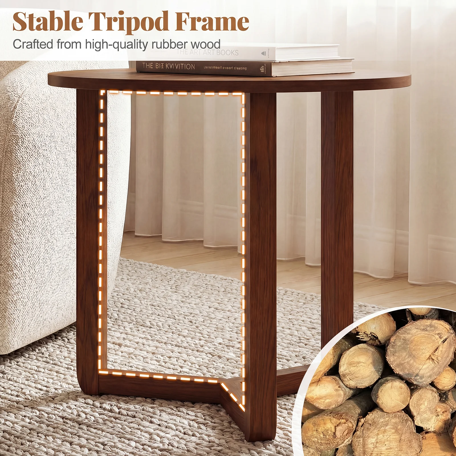Round Nesting Coffee Table Set, 2 Wood End Tables, Thickened Top, Walnut - Image 8