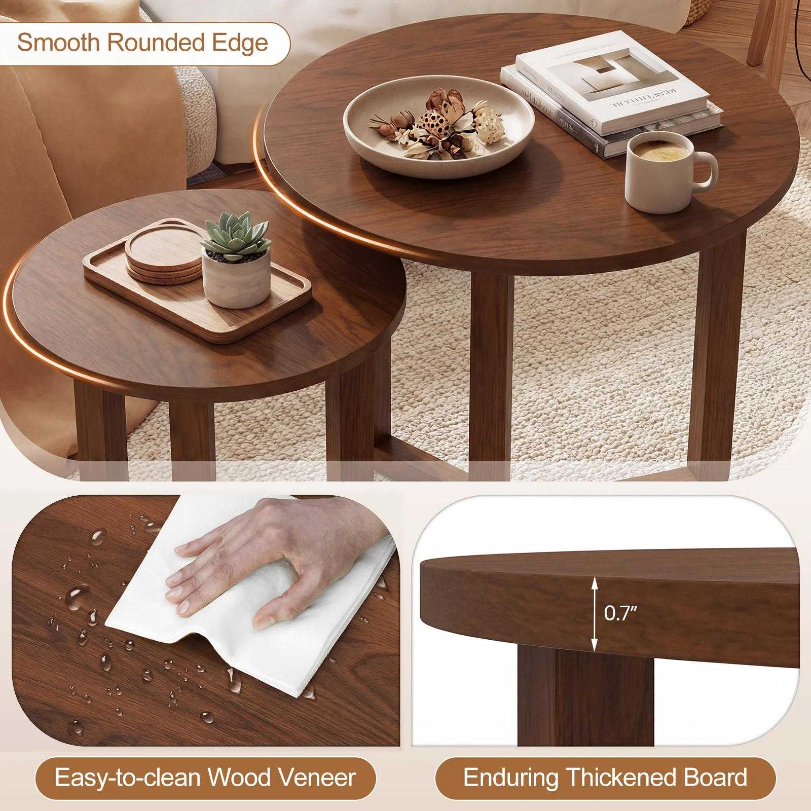 Round Nesting Coffee Table Set, 2 Wood End Tables, Thickened Top, Walnut - Image 9